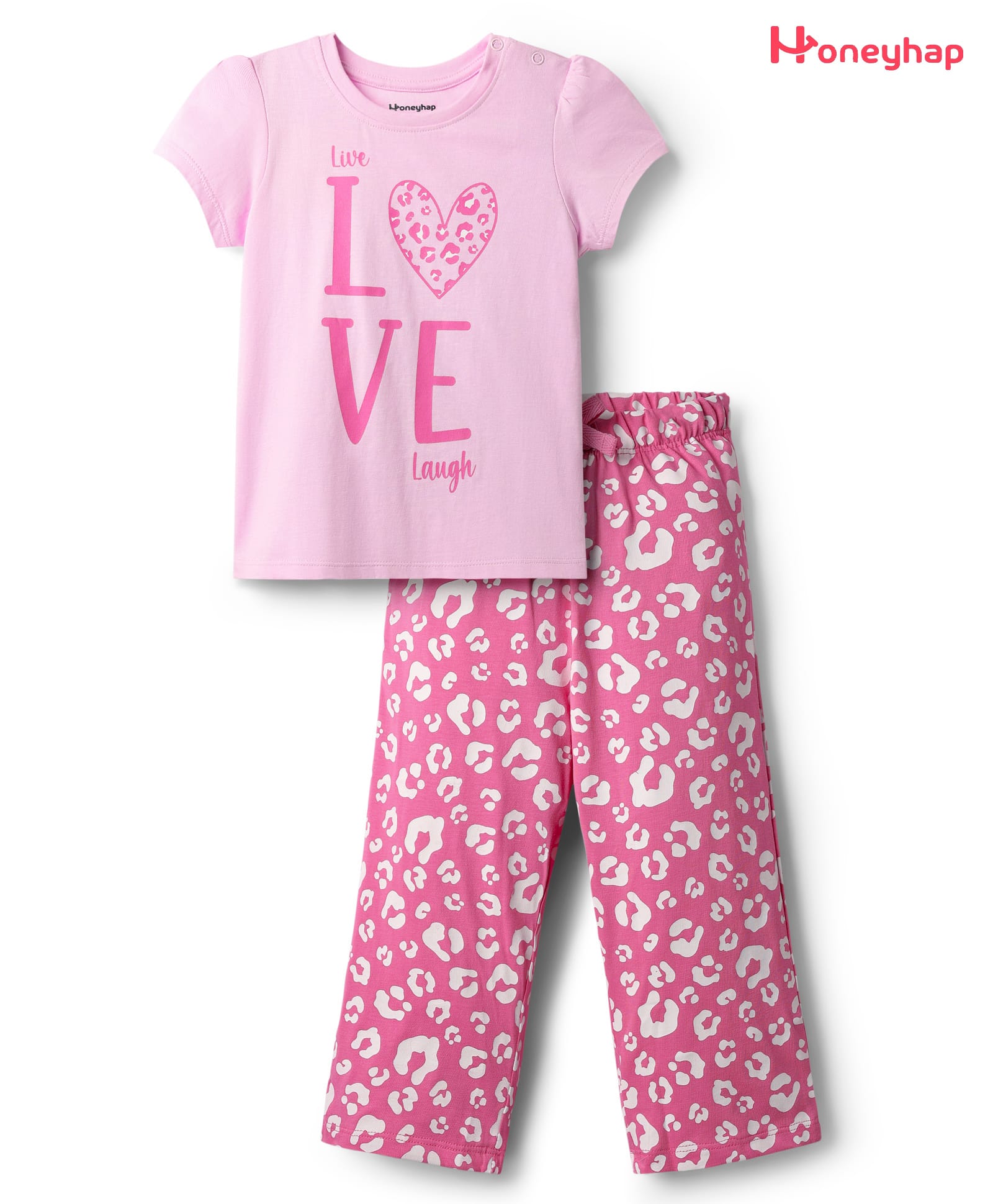 Honeyhap Premium Cotton Half Sleeves Night Suit With Bio Finish & Love Print - Light Pink-picture-17