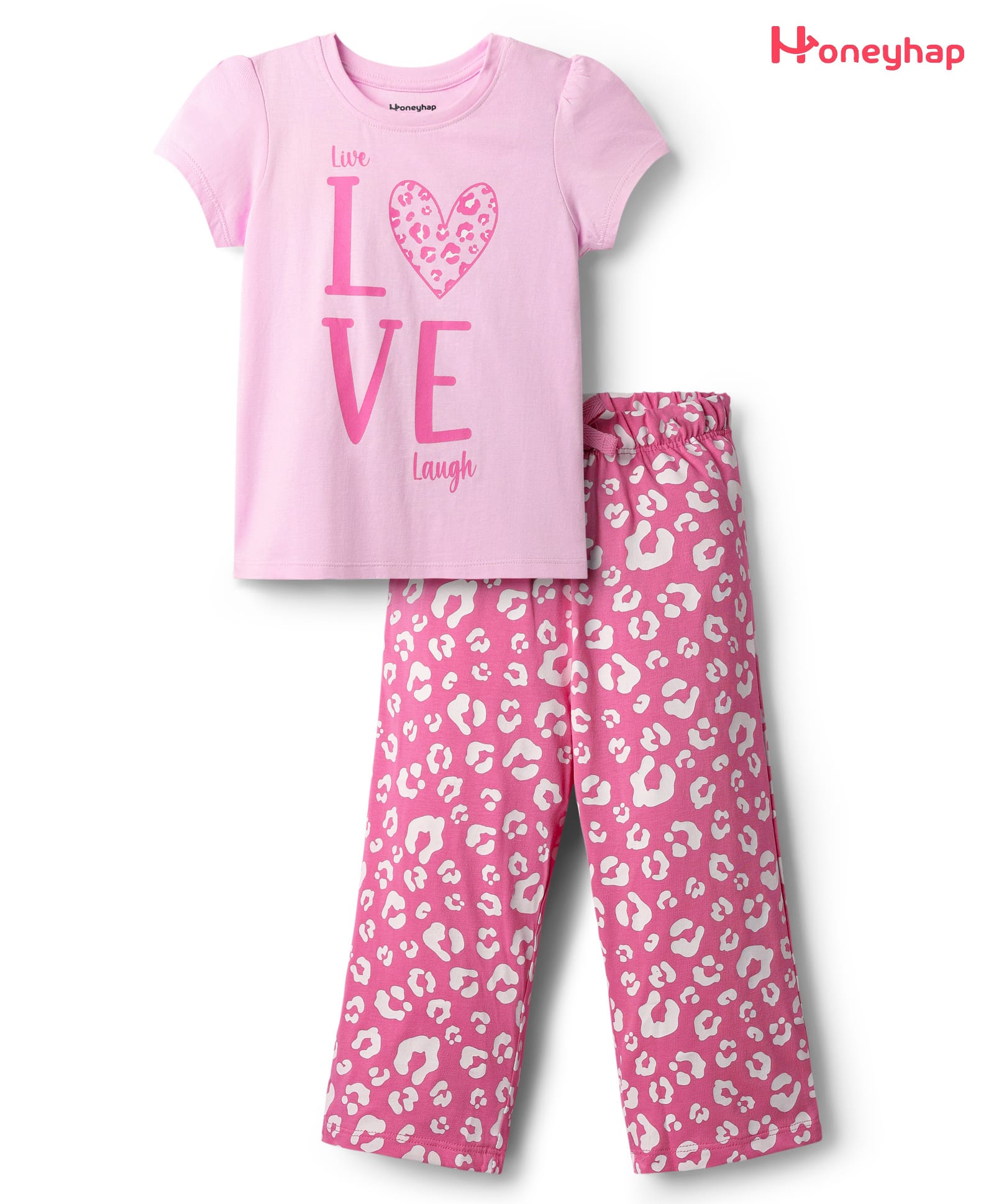 Honeyhap Premium Cotton Half Sleeves Night Suit With Bio Finish & Love Print - Light Pink-image-25