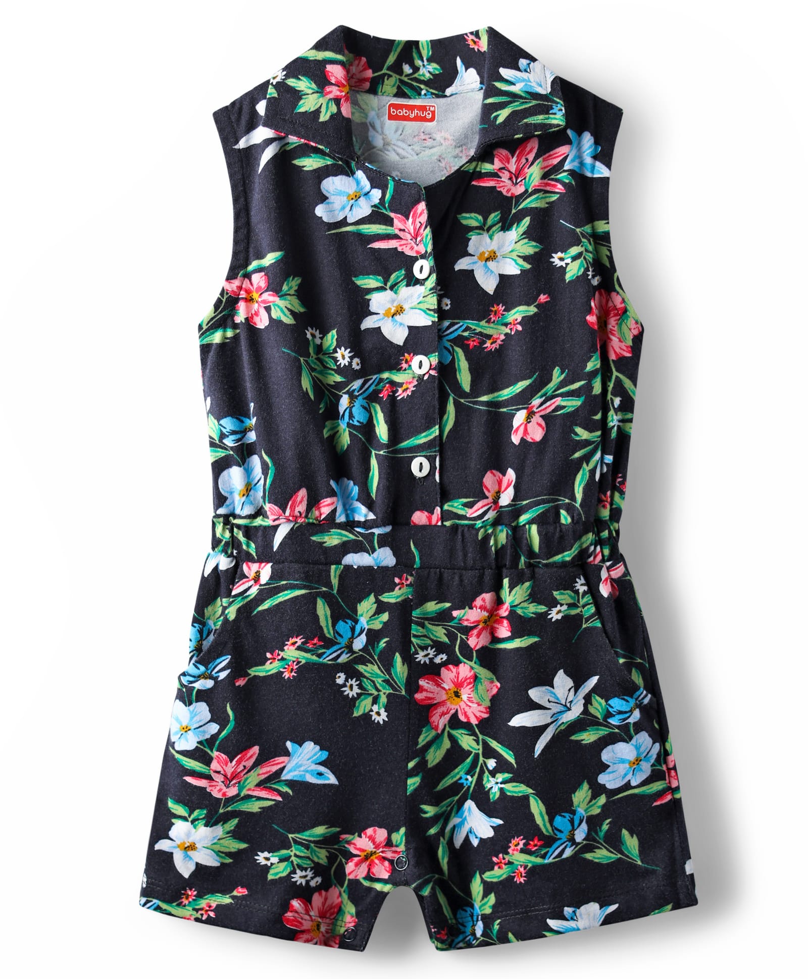 Babyhug Cotton Knit Sleeveless Collar Neck Jumpsuit with Floral Print - Black-image-47