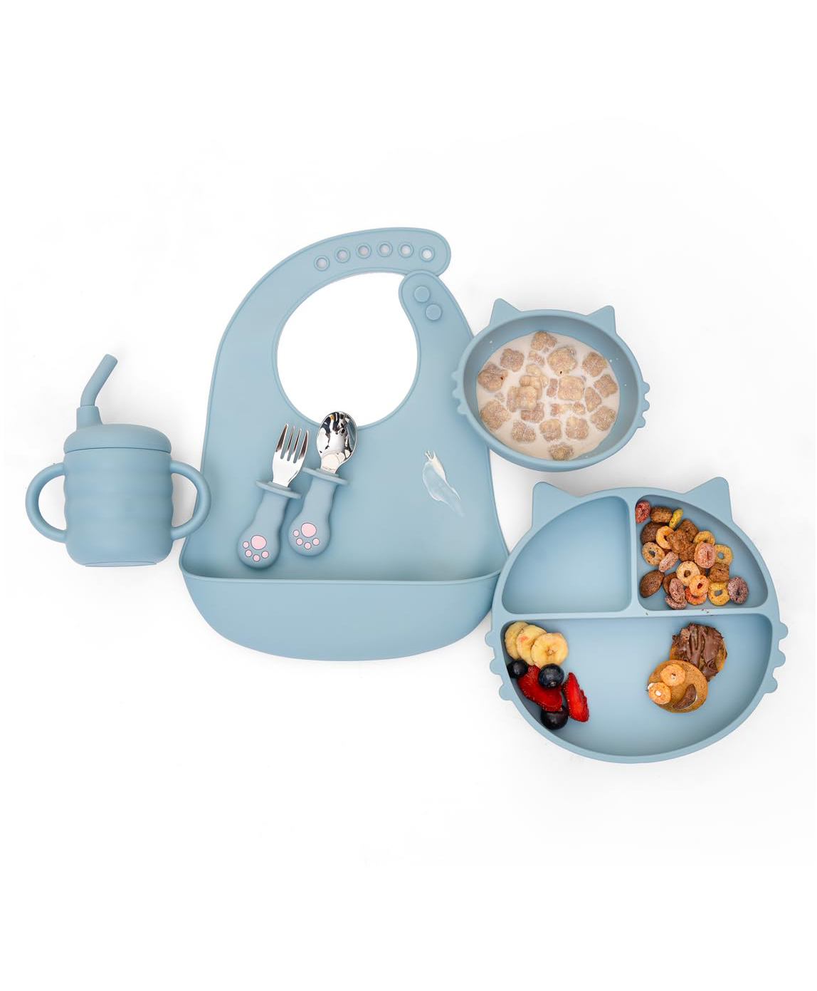 Kids Station 6-Piece Silicone Baby Feeding Set Cat-Shaped Plate, Bowl, Bib, Sipper, Spoon & Fork Easy Carry & Unbreakable Promotes Self-Feeding Eco-Friendly & BPA-Free Blue-image-35