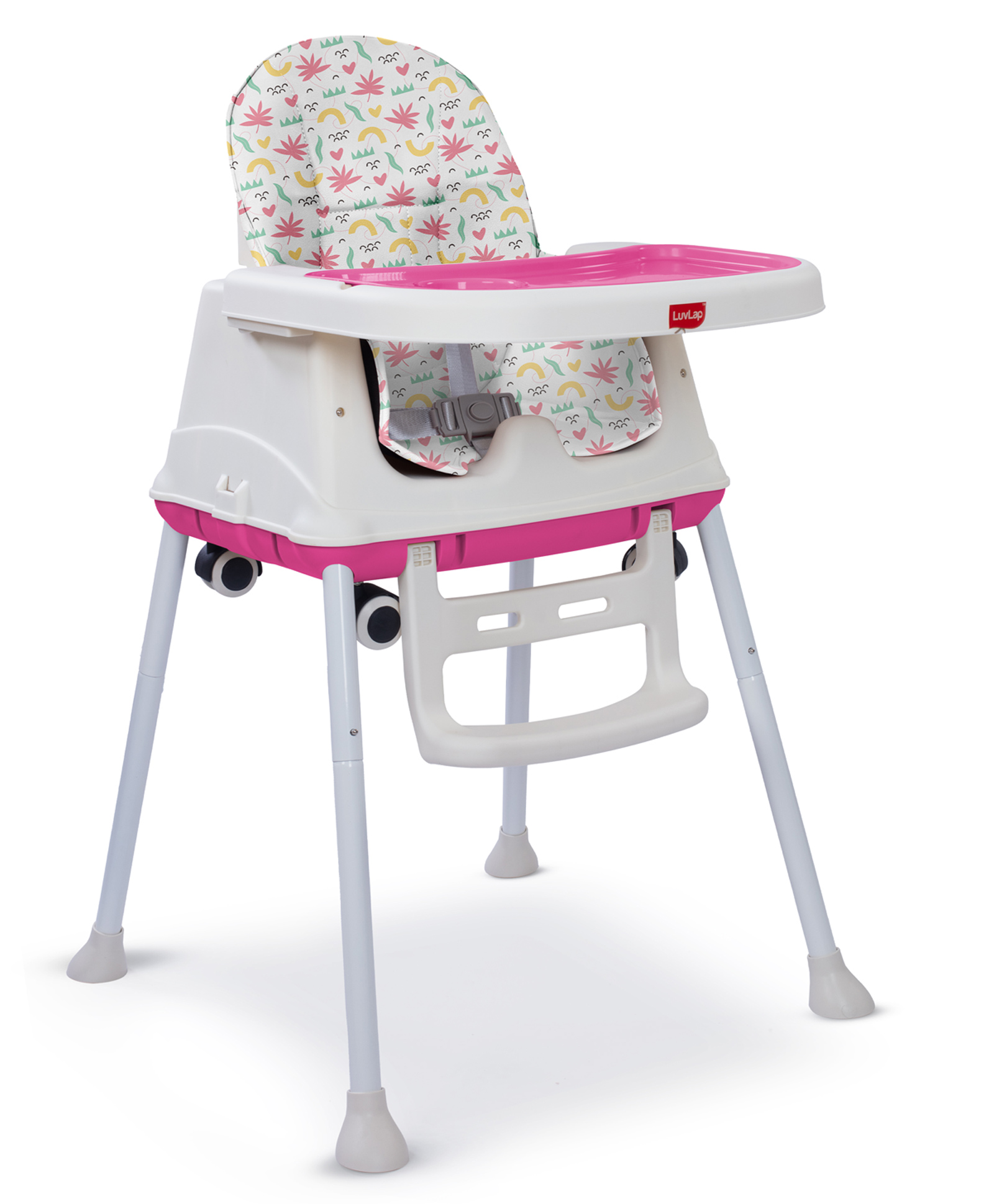LuvLap Baby High Chair with Wheels Booster Seat | 3 Height Levels | Cushioned & Portable - White & Pink-picture-33