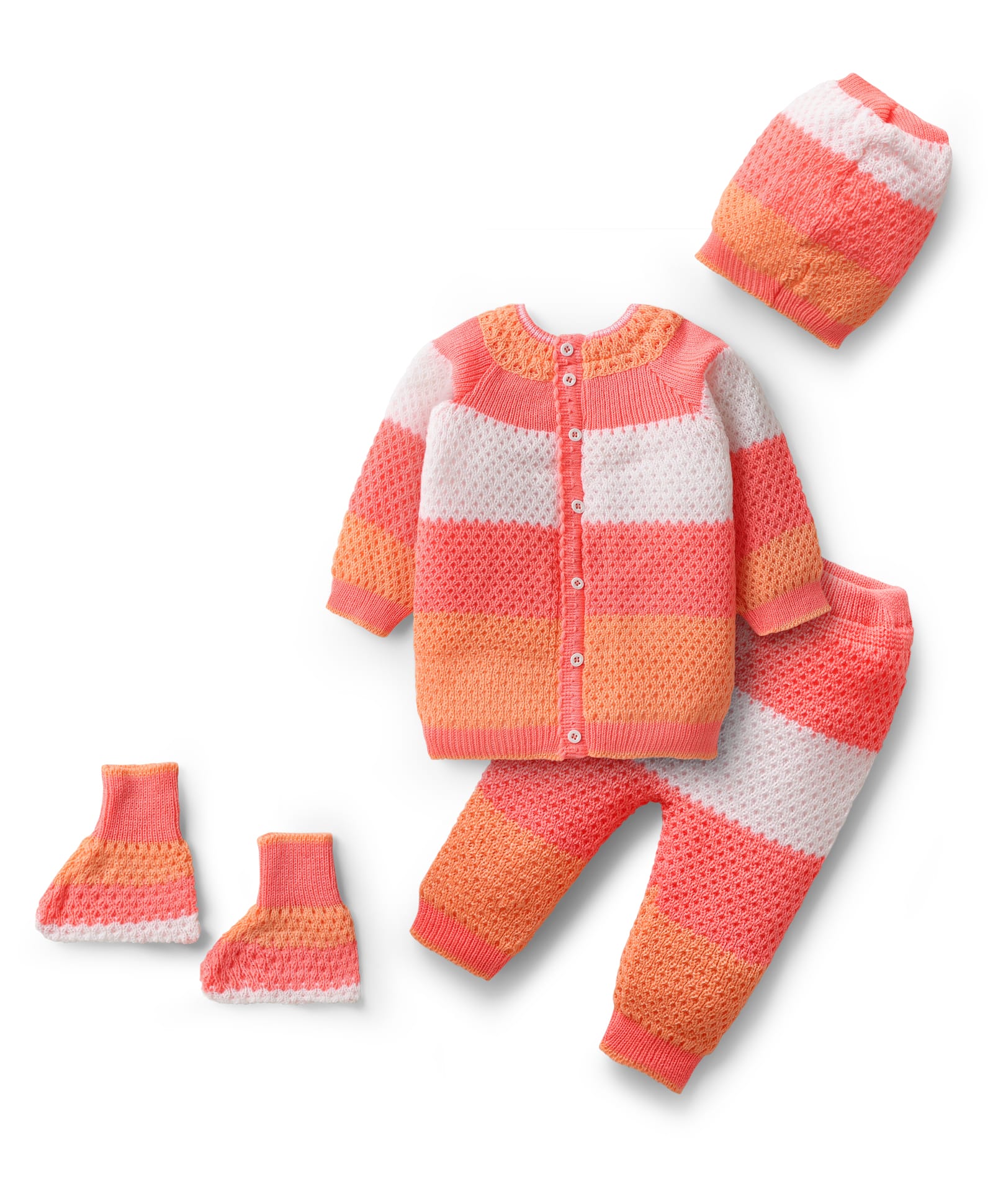 Babyhug Knitted Full Sleeves Striped Front Open Sweater Set with Color Block Design Booties & Cap - Orange-image-11