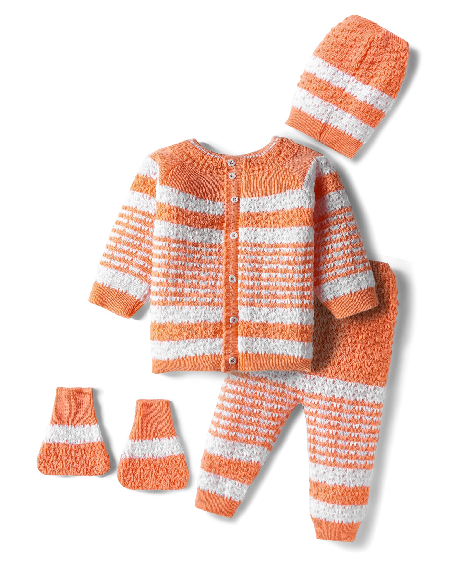 Babyhug Knit Full Sleeves Front Open Striped Sweater Set with Cap & Mittens - Orange-picture-15