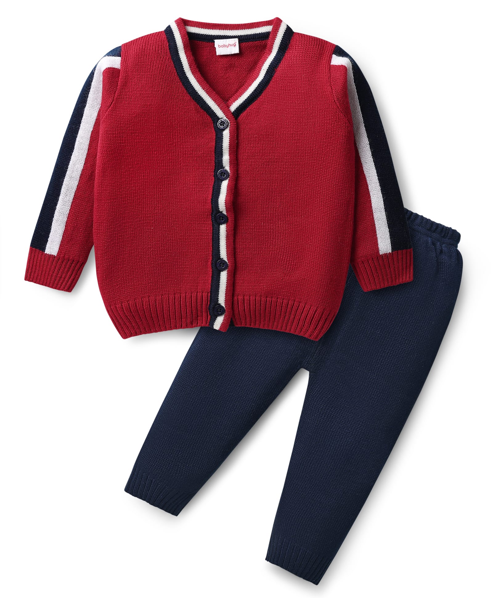 Babyhug Knitted Full Sleeves Solid V Neck Sweater Set with Front Open Button & Tape Design - Red & Navy Blue-picture-31
