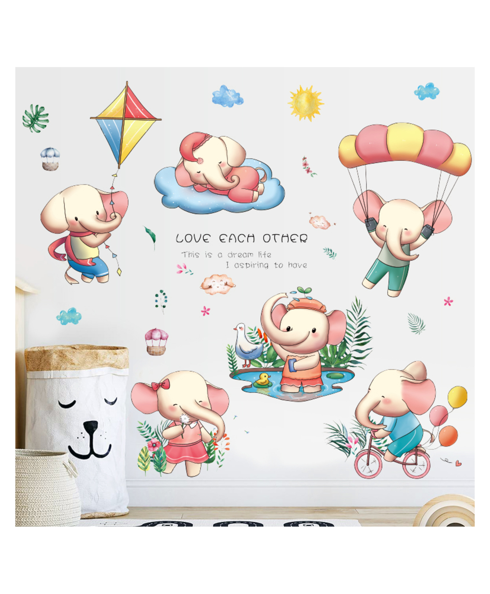 JAAMSO ROYALS Multi Elephant with Hot Air Balloon Theme Self Adhesive Wall Sticker-picture-30
