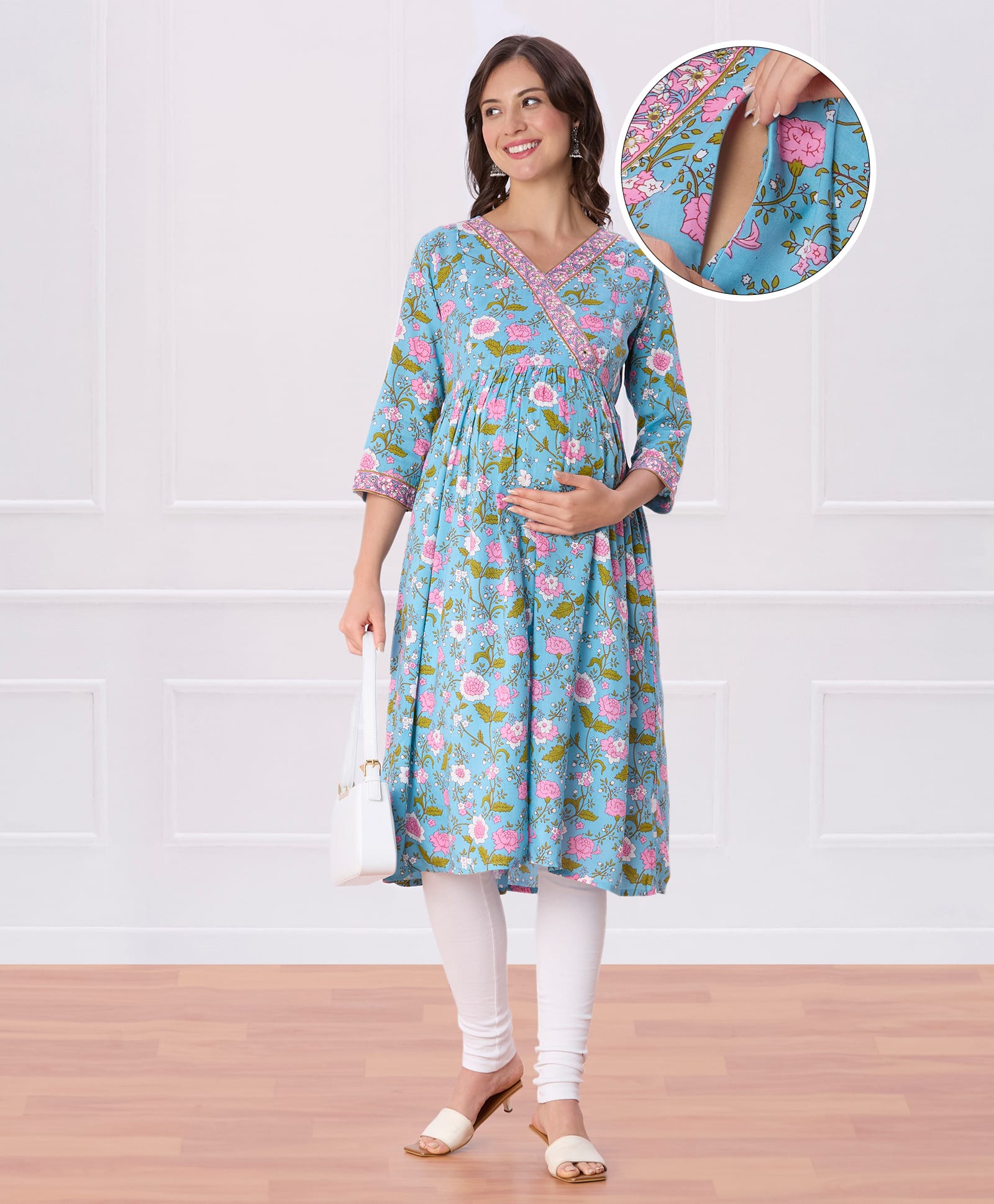 Bella Mama Woven Three Fourth Sleeves Maternity Kurta with Floral Highlighted Yoke - Pink & Light Blue-image-41