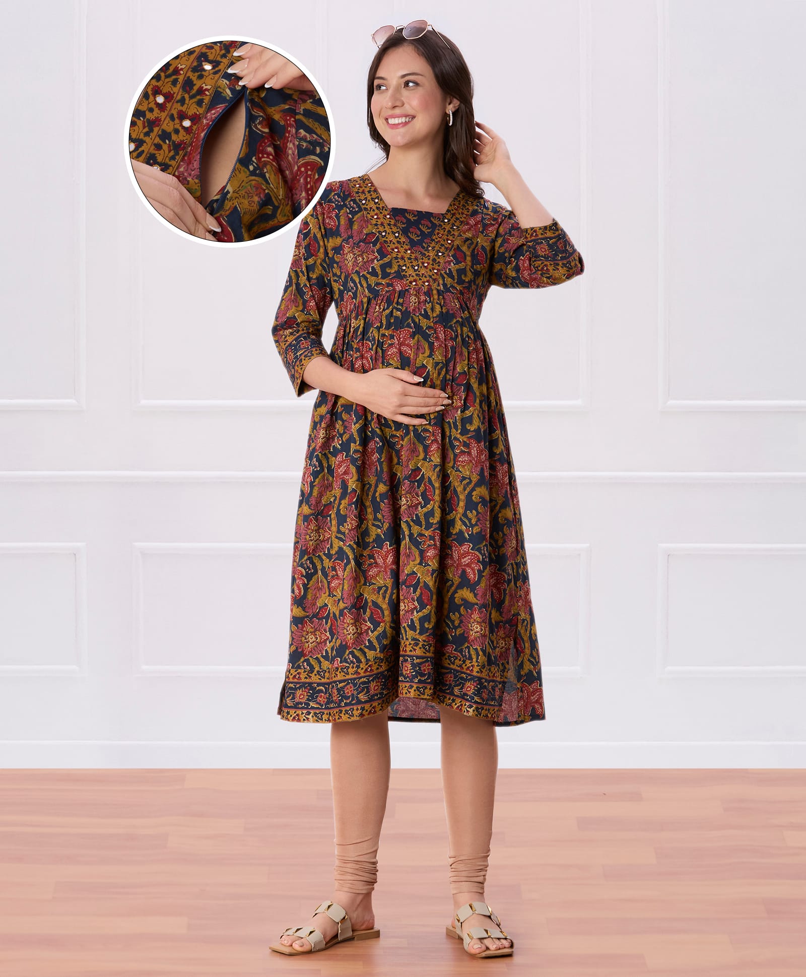 Bella Mama Woven Three Fourth Sleeves Maternity Kurta with Floral Highlighted Neck - Navy Blue-picture-16