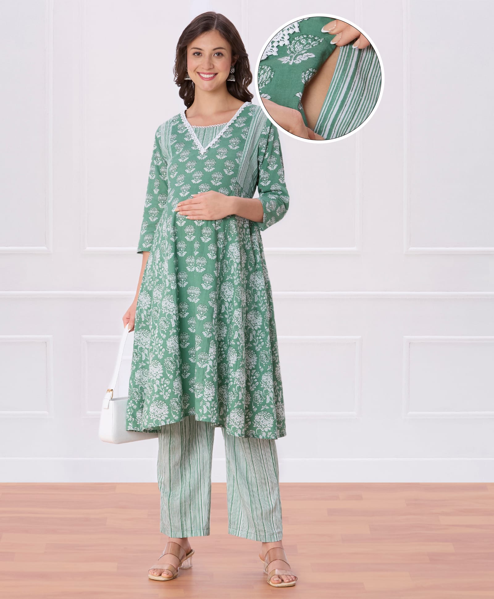 Bella Mama Viscose Woven Three Fourth Sleeves Maternity Suit Set With Floral Print - Green-picture-19