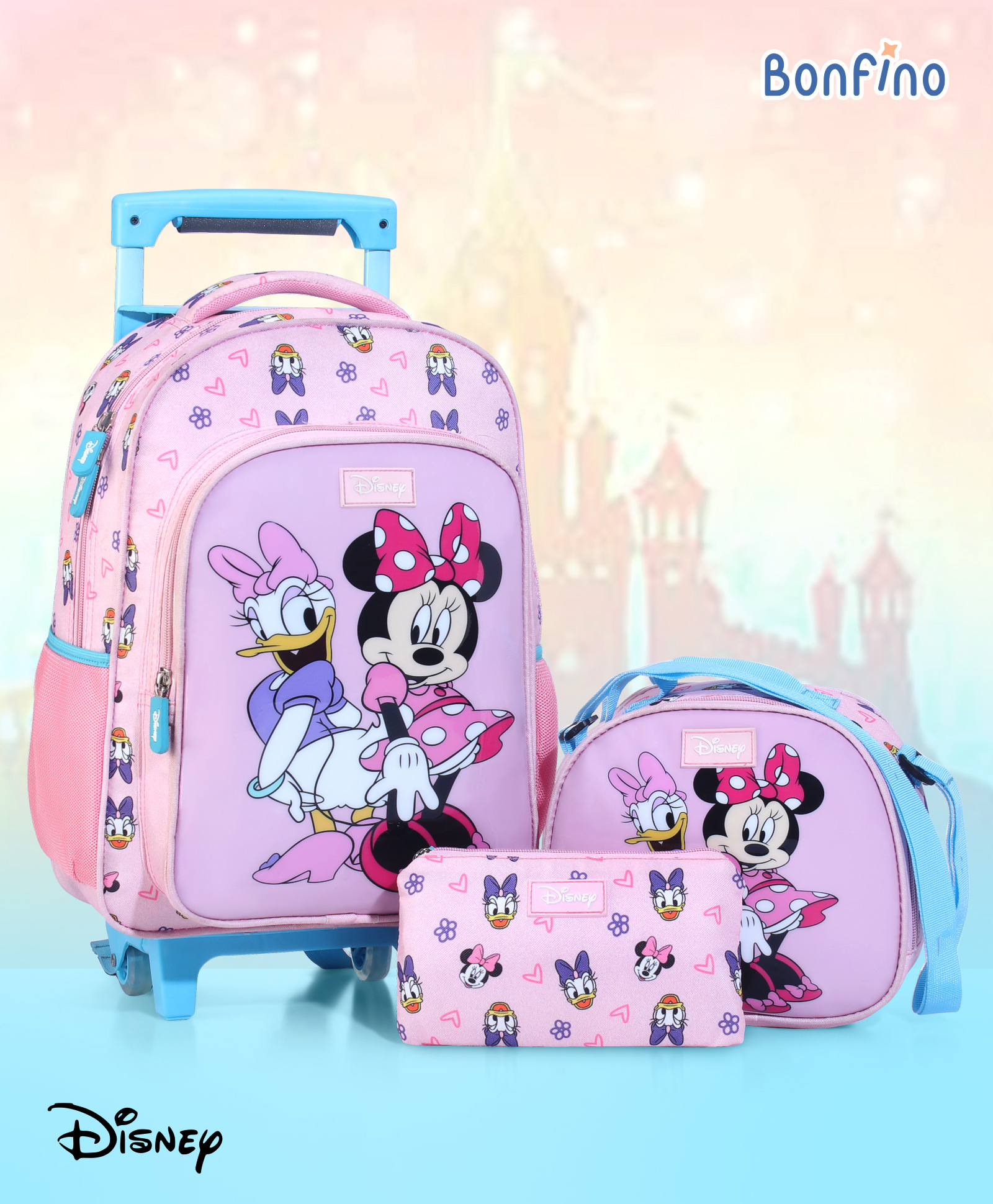 Bonfino Disney Minnie Mouse Trolley Backpack with Lunch Bag and Pencil Pouch- Pink| Bottle Pouch| Telescopic Trolley Handle| Durable Zippers| Comfortable Back Cushion - Height 17 Inches