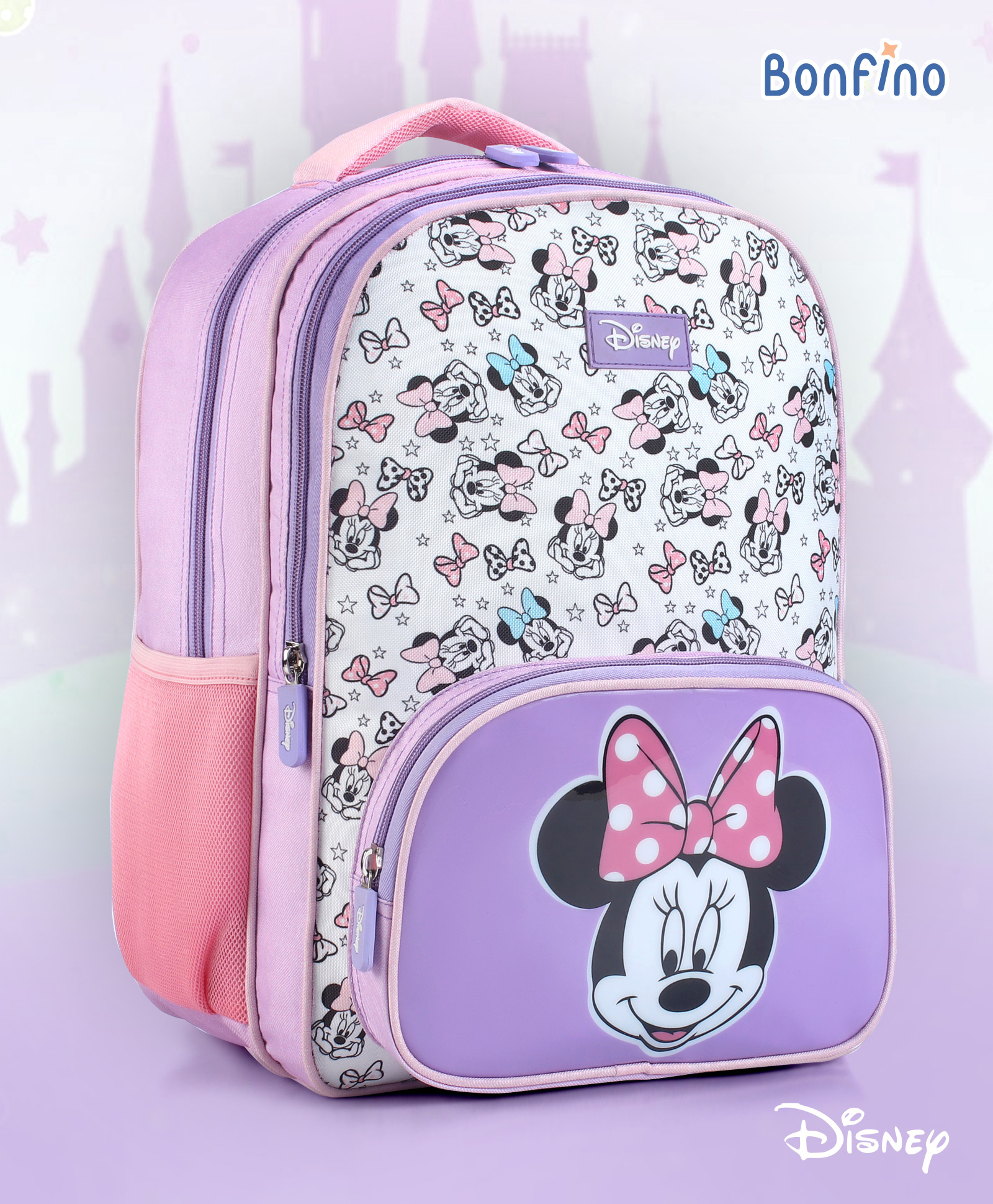 Bonfino Disney Minnie Backpack- Pink| Bottle Pockets| Water Resistant| Long lasting and Durable Zippers| Comfortable Back Cushion| Ideal for School, Travel and Outdoors - Height 16 Inches-image-15