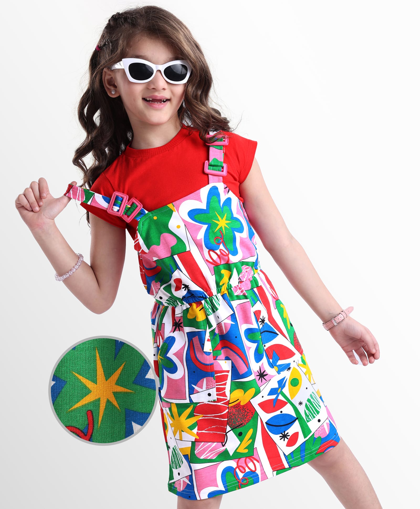 OLLINGTON ST. Cotton Knit Half Sleeves Top & Floral Print Knit Pinafore - Red & White-picture-12