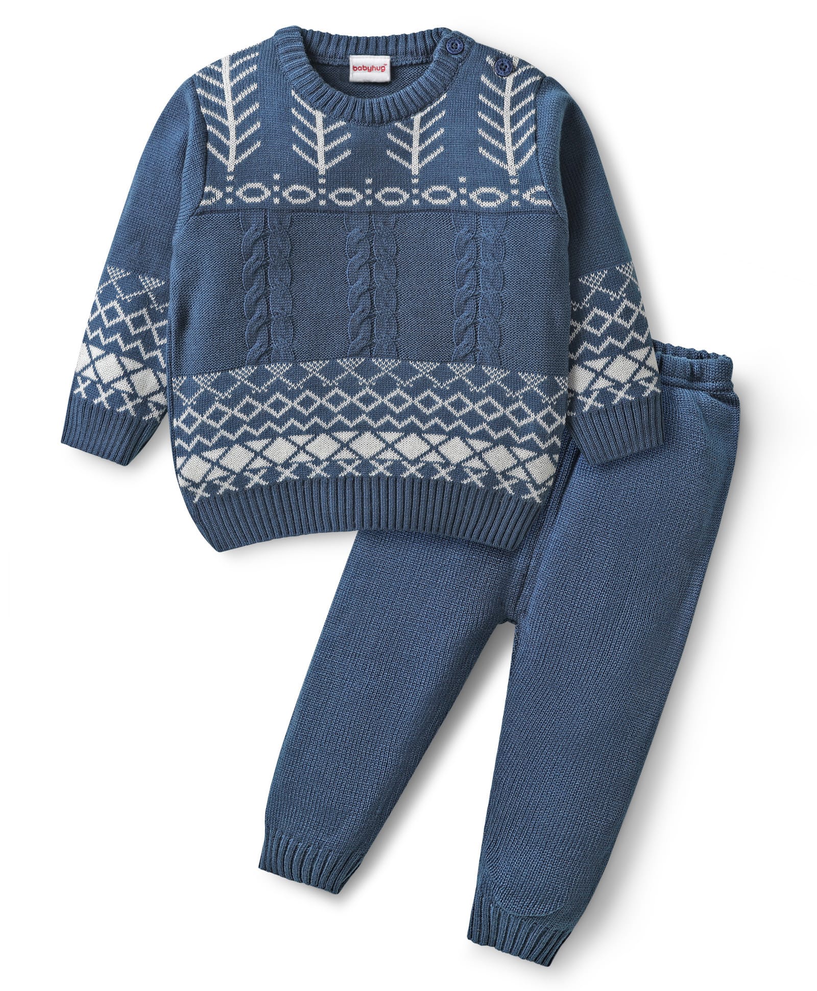 Babyhug Knitted Full Sleeves Pullover Sweater Set with Cable Knit & Fair Isle Design - Royal Blue-image-17