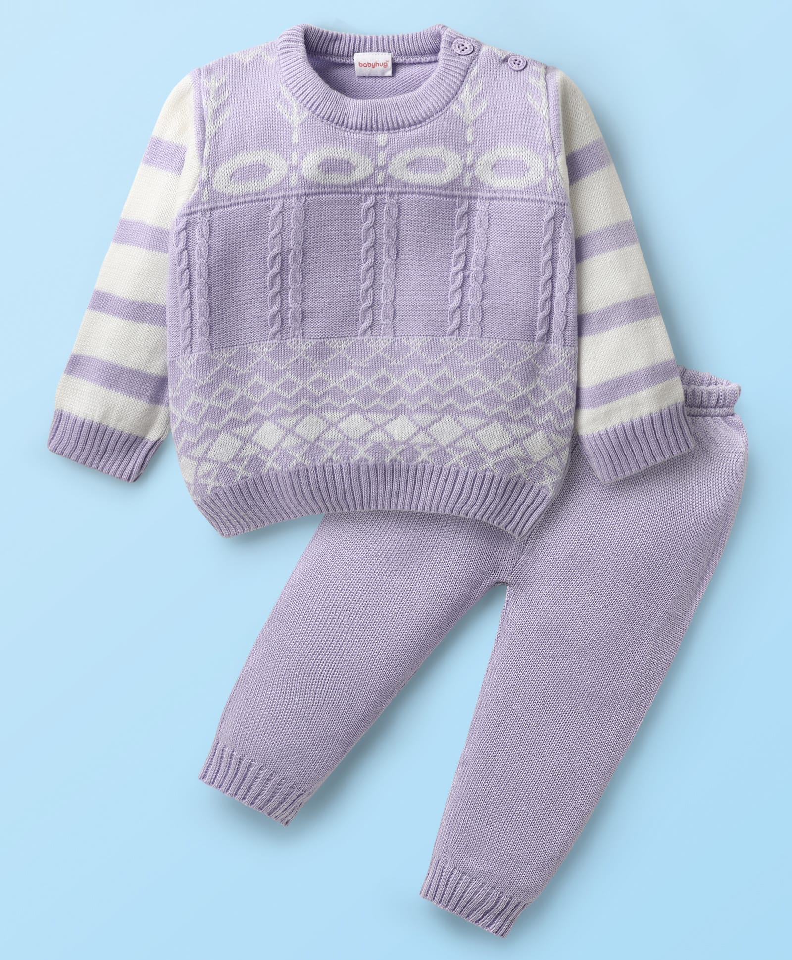 Babyhug Knitted Full Sleeves Pullover Sweater Set with Cable Knit & Fair Isle Design - Lavender-picture-10