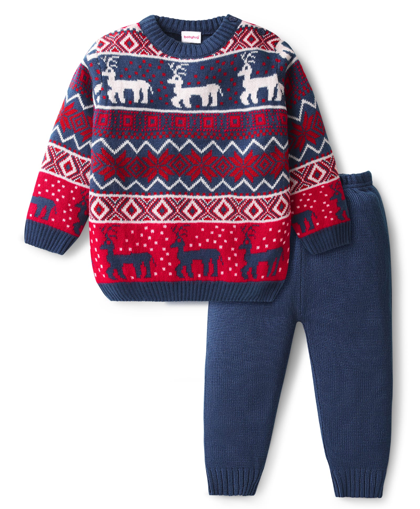 Babyhug Knit Full Sleeves Pullover Sweater Set with Deer Design - Navy Blue-image-37