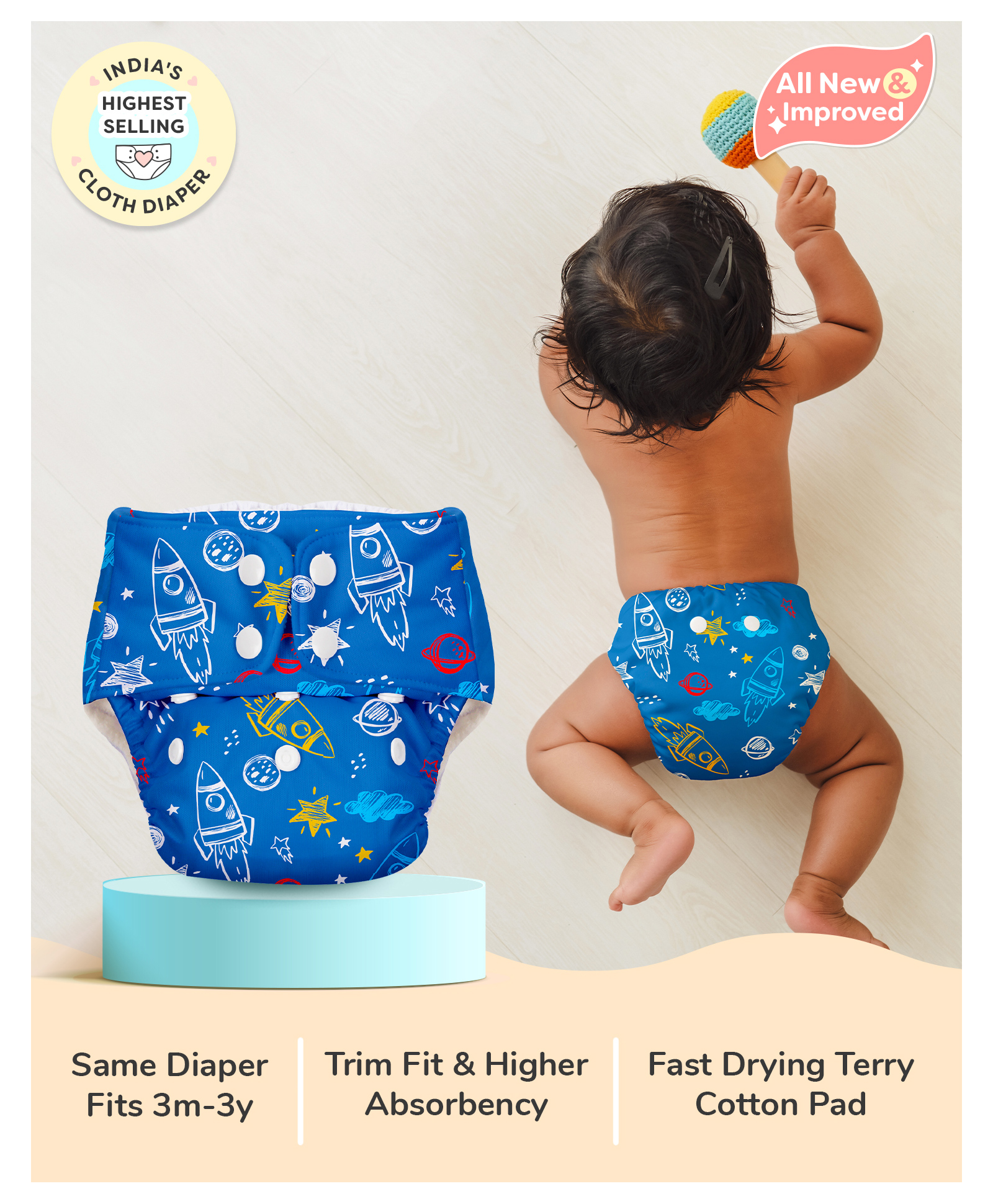 BASIC for Baby Reusable Cloth Diapers for Babies l Adjustable & Washable l 3M - 3Y l Rash Free Diaper - Space-image-29
