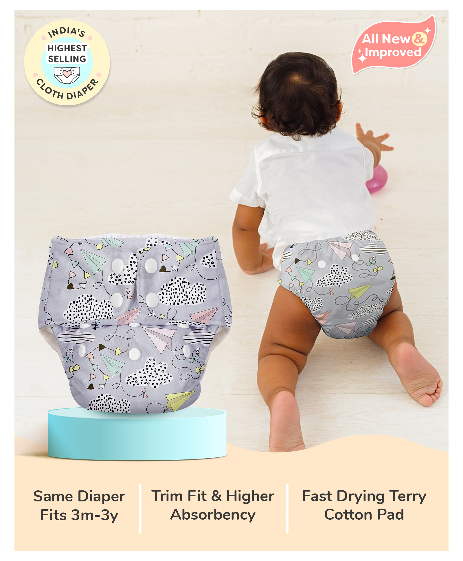 BASIC for Baby Reusable Cloth Diapers for Babies l Adjustable & Washable l 3M - 3Y l Rash Free Diaper - Airplane-picture-7