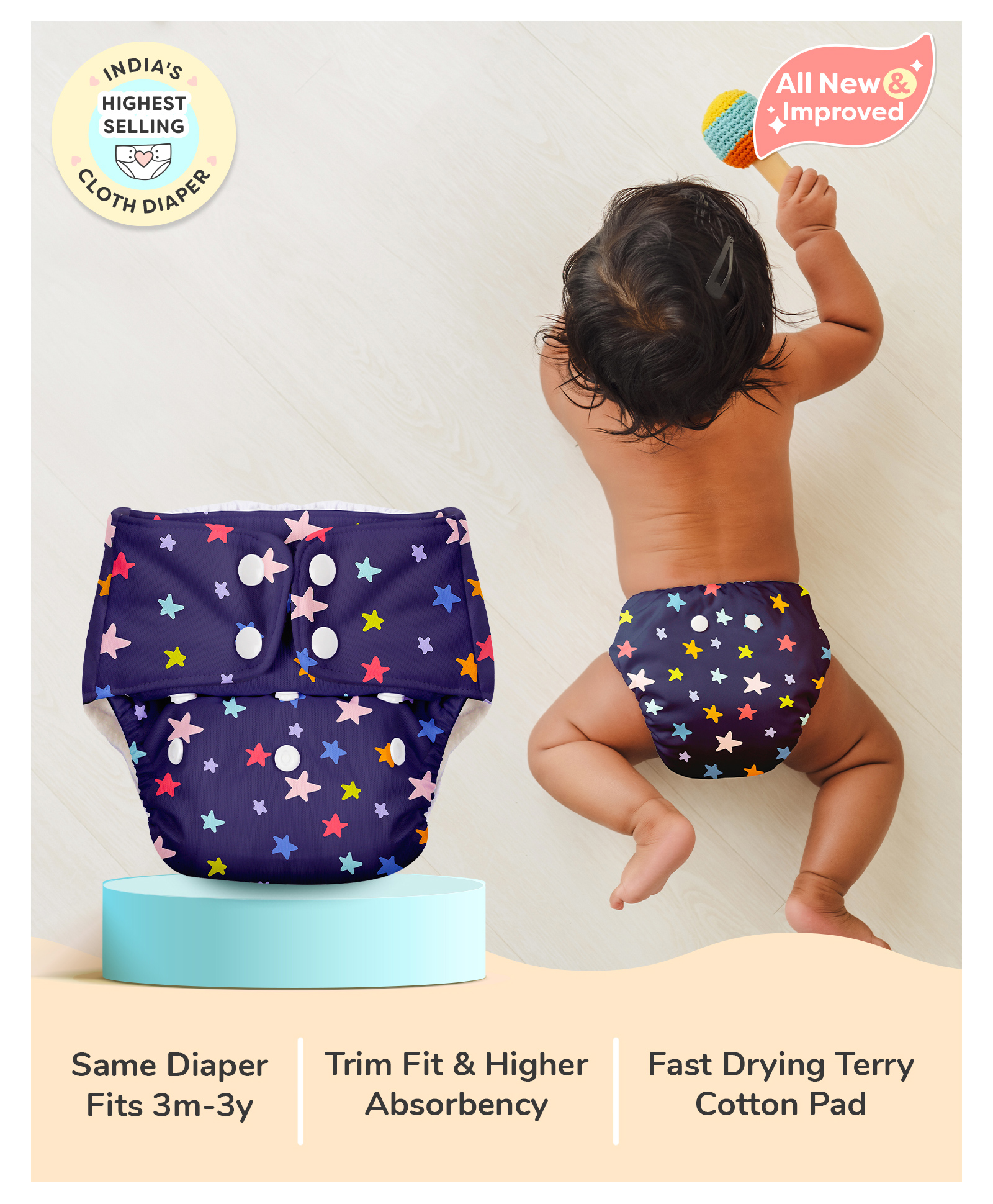 BASIC for Baby Reusable Cloth Diapers for Babies l Adjustable & Washable l 3M - 3Y l Rash Free Diaper - Blue Star-image-26