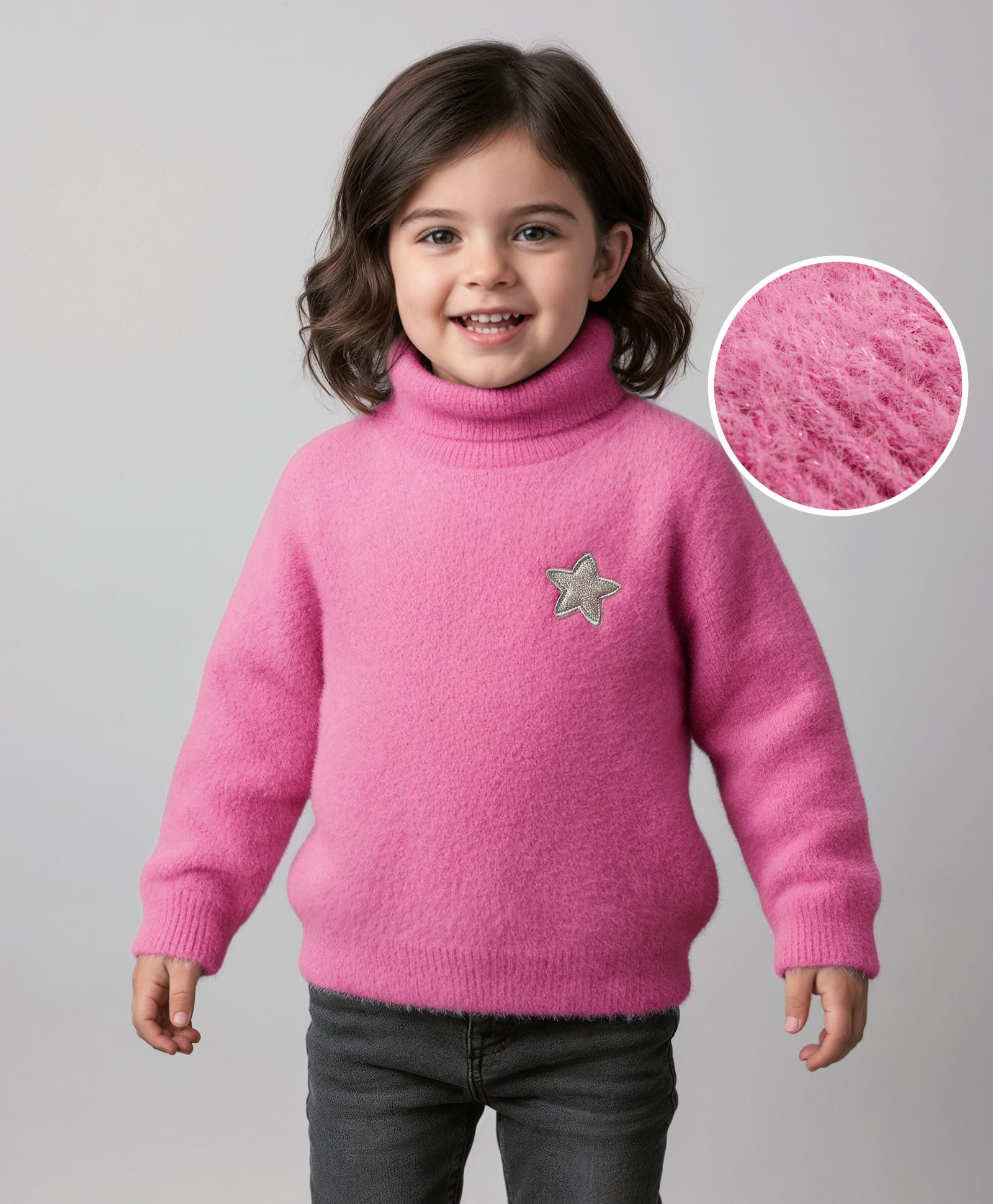 Babyhug Knit Full Sleeves Turtle Neck Pullover Sweater with Star Patch Detailing - Pink-picture-20