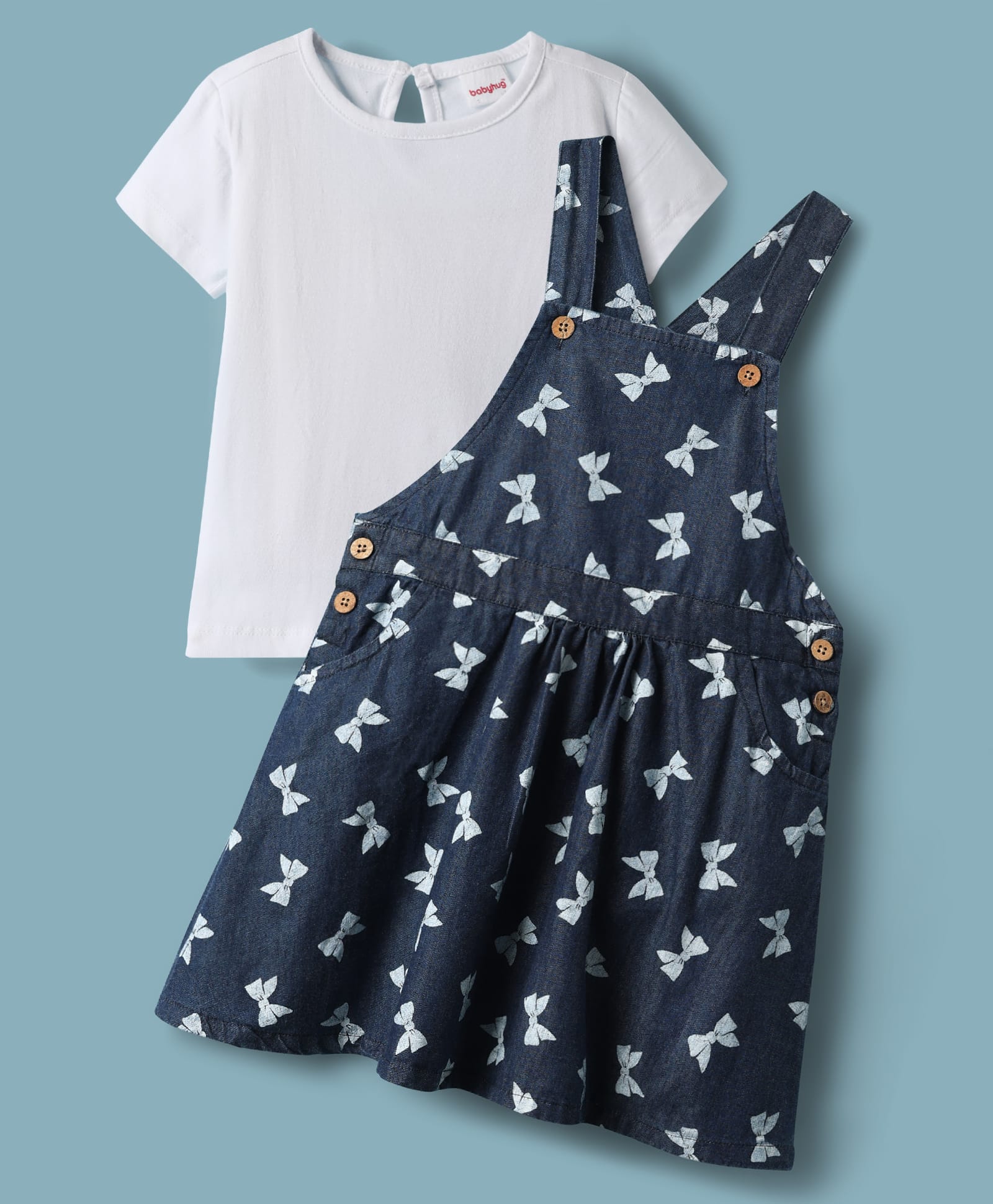Babyhug Cotton Knit Frock & Half Sleeves Inner Tee With Bow Print - Navy Blue & White-image-25