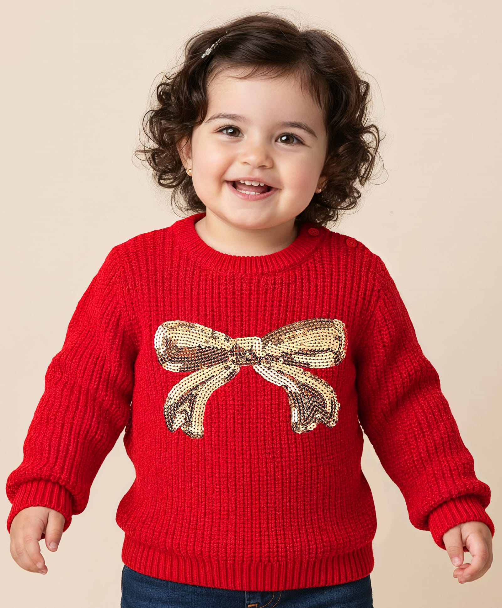 Babyoye Knit Full Sleeves Pullover Sweater with Sequin Bow Detailing - Red-image-36