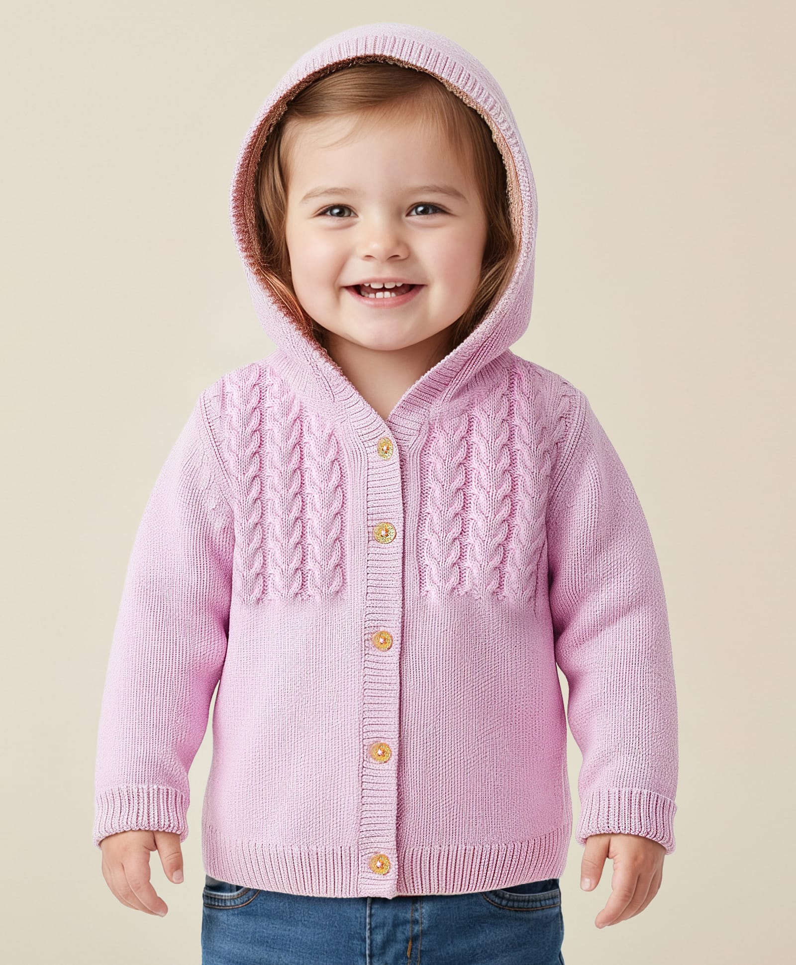 Babyoye 100% Cotton Knit Full Sleeves Front Open Hooded Sweater with Cable Knit Design - Light Pink-image-34