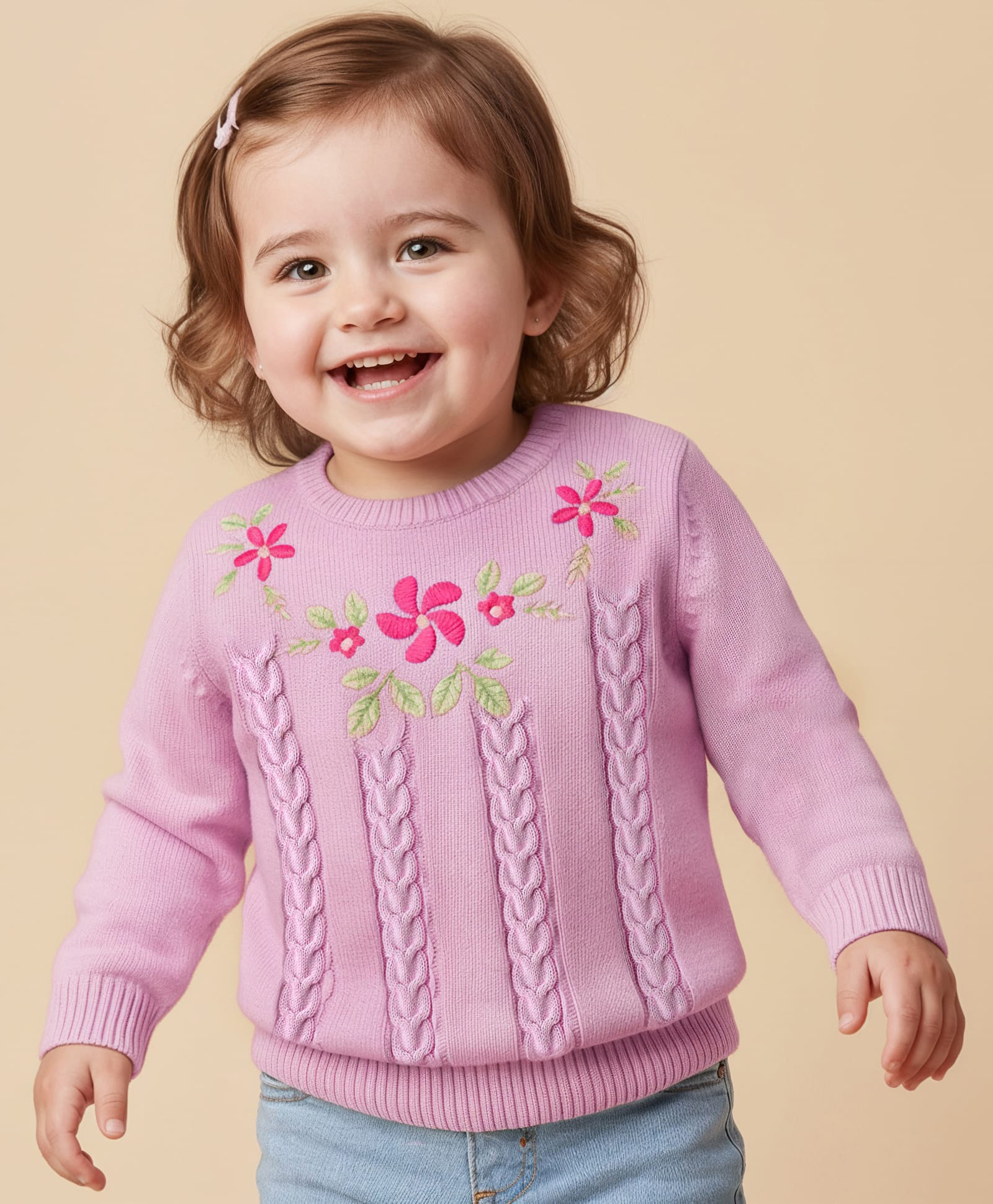 Babyoye 100% Cotton Knit Full Sleeves Pullover Sweater with Floral & Cable Knit Design - Light Pink-image-35