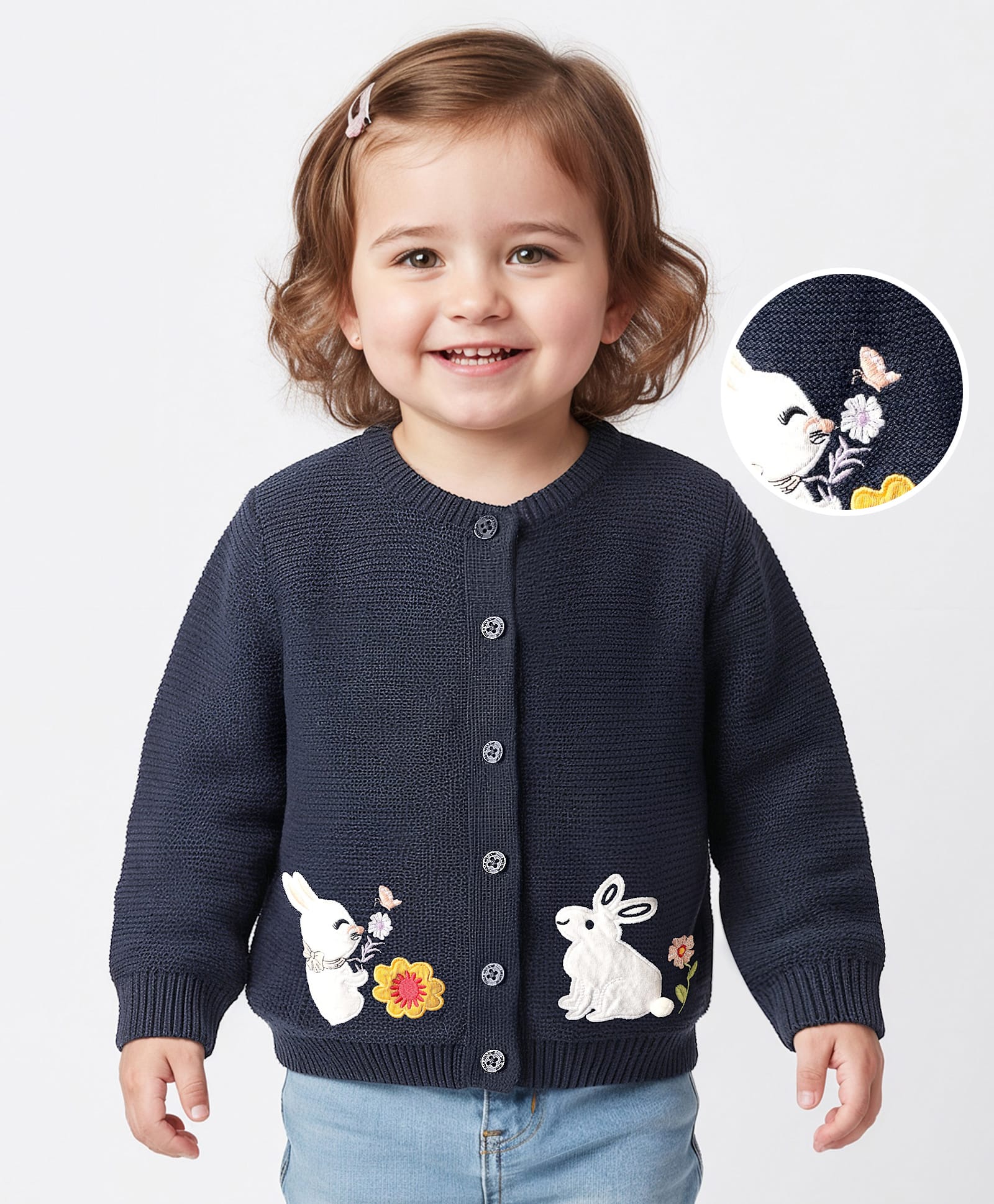 Babyoye 100% Cotton Knit Full Sleeves Front Open Sweater with Bunny Embroidery - Navy Blue-image-36