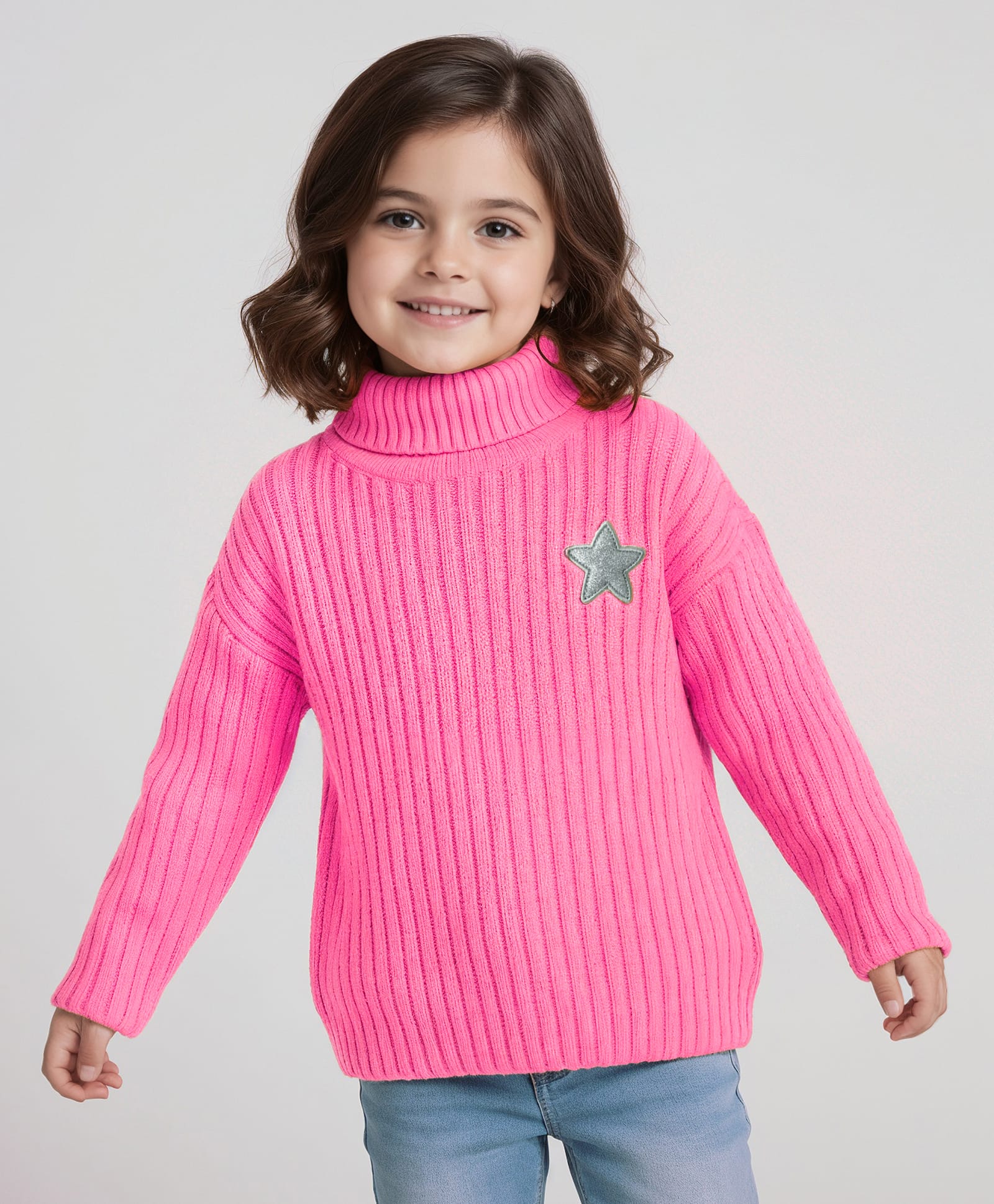 Babyhug Knitted Full Drop Shoulder Sleeves Skivi Sweater With Star Patch - Pink-image-34