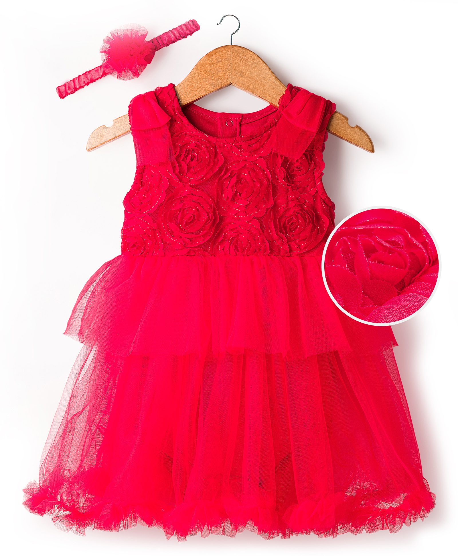 Mark & Mia Woven Sleeveless Frock Style Onesie with Headband & Floral Detailing - Red-image-45