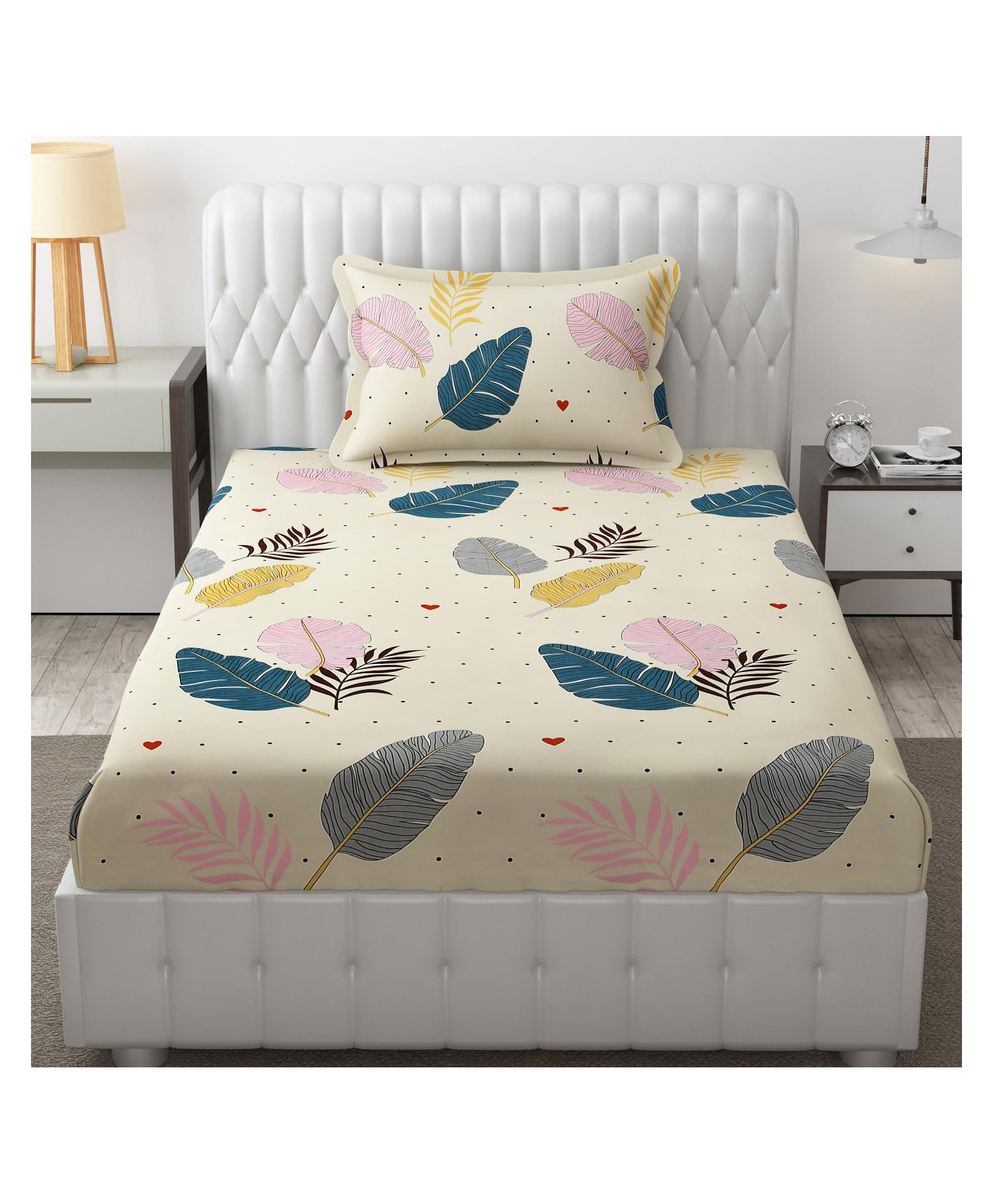 Filymore Flat Single bedsheet Floral Leaf Design bedcover with 1 Pillow Cover 240 TC Soft Microfiber Bedspread for Single Size Bed-picture-28