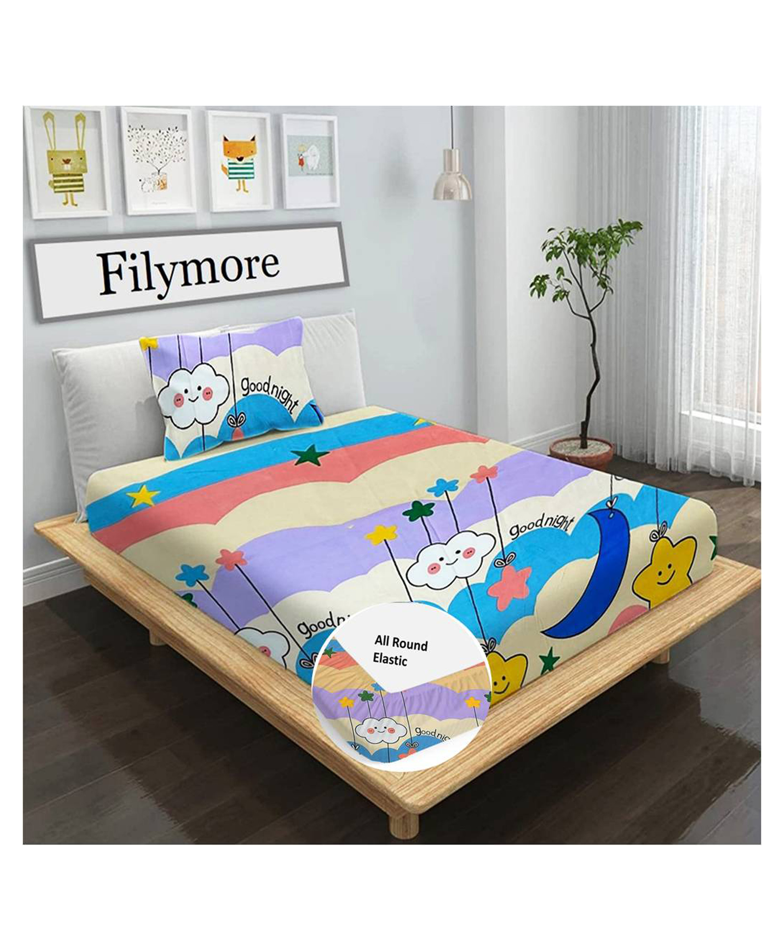Filymore Kids Elastic fitted Good Night Theam single bedsheet with one pillow cover made with pure microfiber((colour-Beige)-image-46