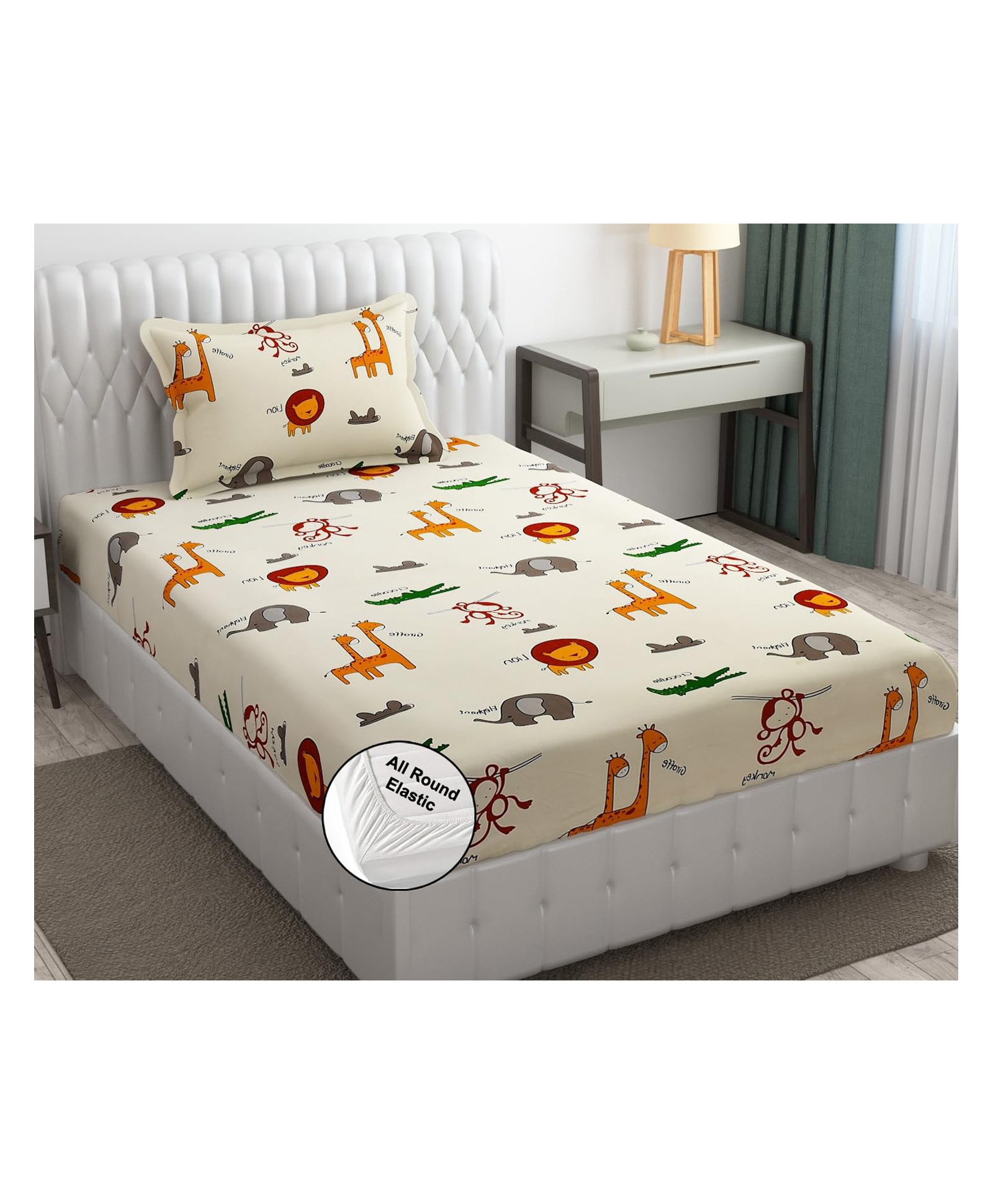 Filymore Kids Elastic fitted Animal Theam single bedsheet with one pillow cover made with pure microfiber(Pillow size 17x27 inches)(colour-Offwhite)-image-10