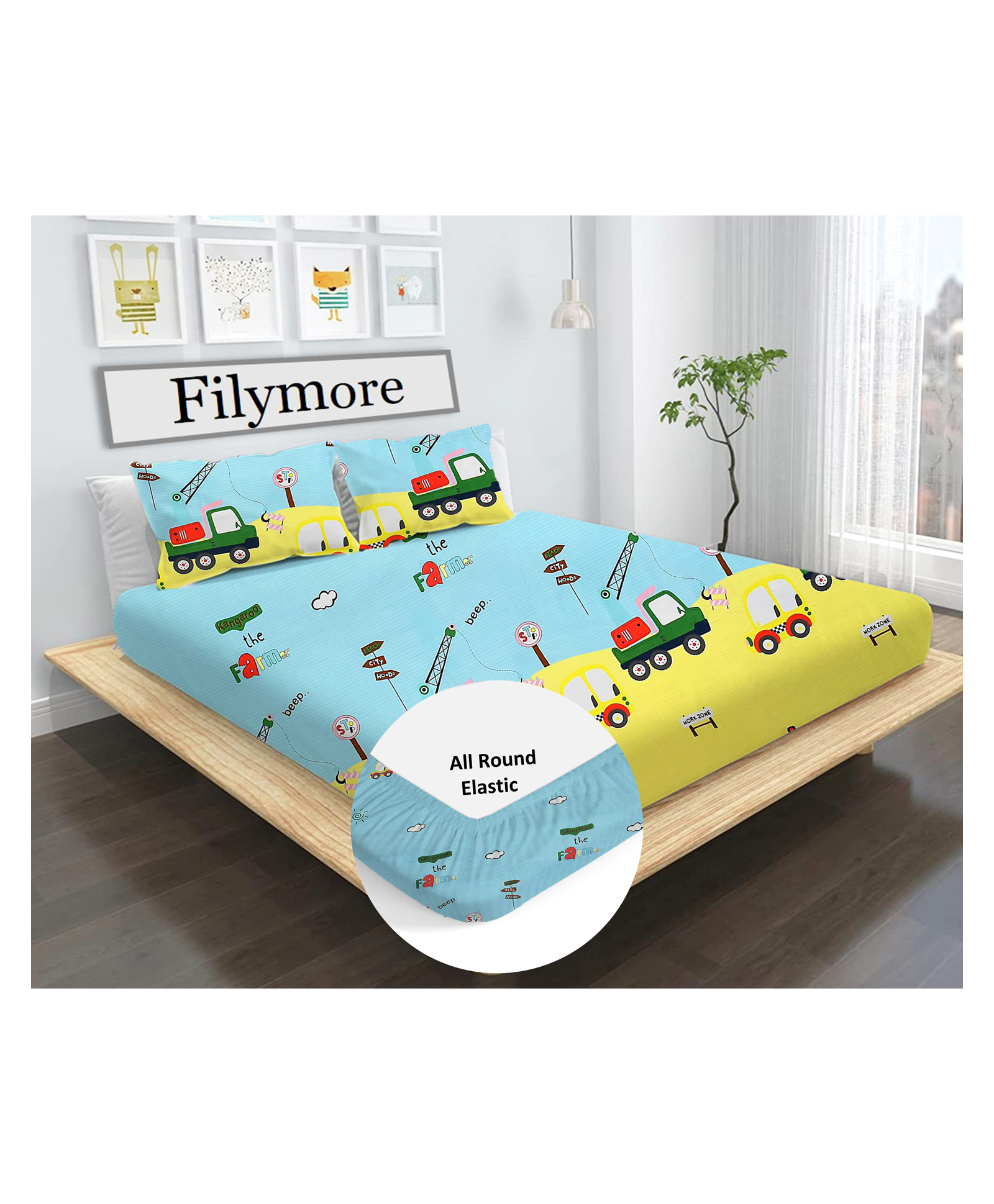 Filymore Kids Elastic fitted Cute Car Theam Double bedsheet with two pillow cover made with pure microfiber(colour-Leamon and skyblue)-image-47