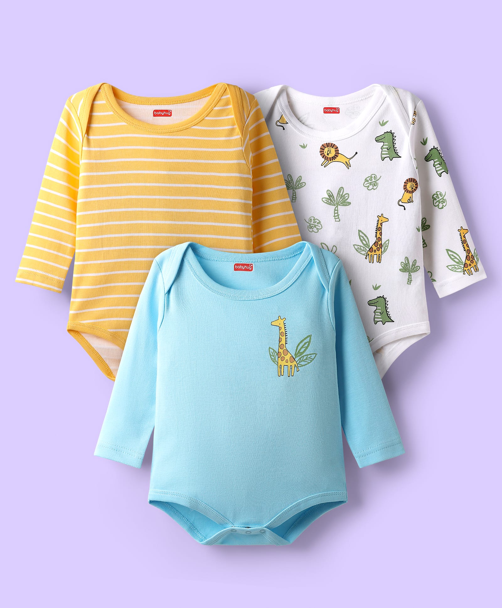 Babyhug 100% Cotton Knit Full Sleeves Striped & Animal Printed Onesies Pack of 3 - Light Blue Yellow & White-image-37