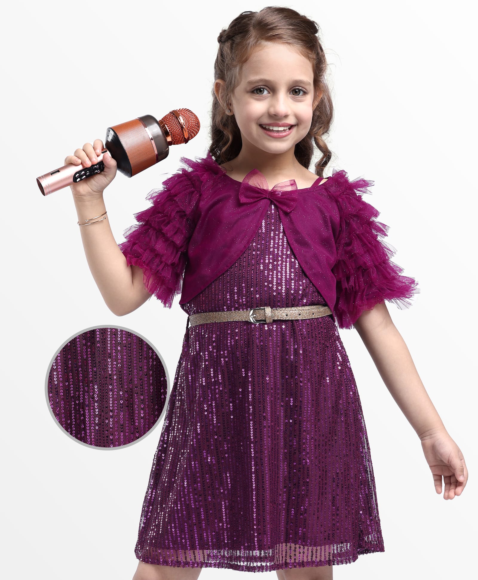 Hola Bonita Knit Half Sleeves Party Wear Dress with Sequin Glitter Mesh Shrug & A Belt -Wine-image-17