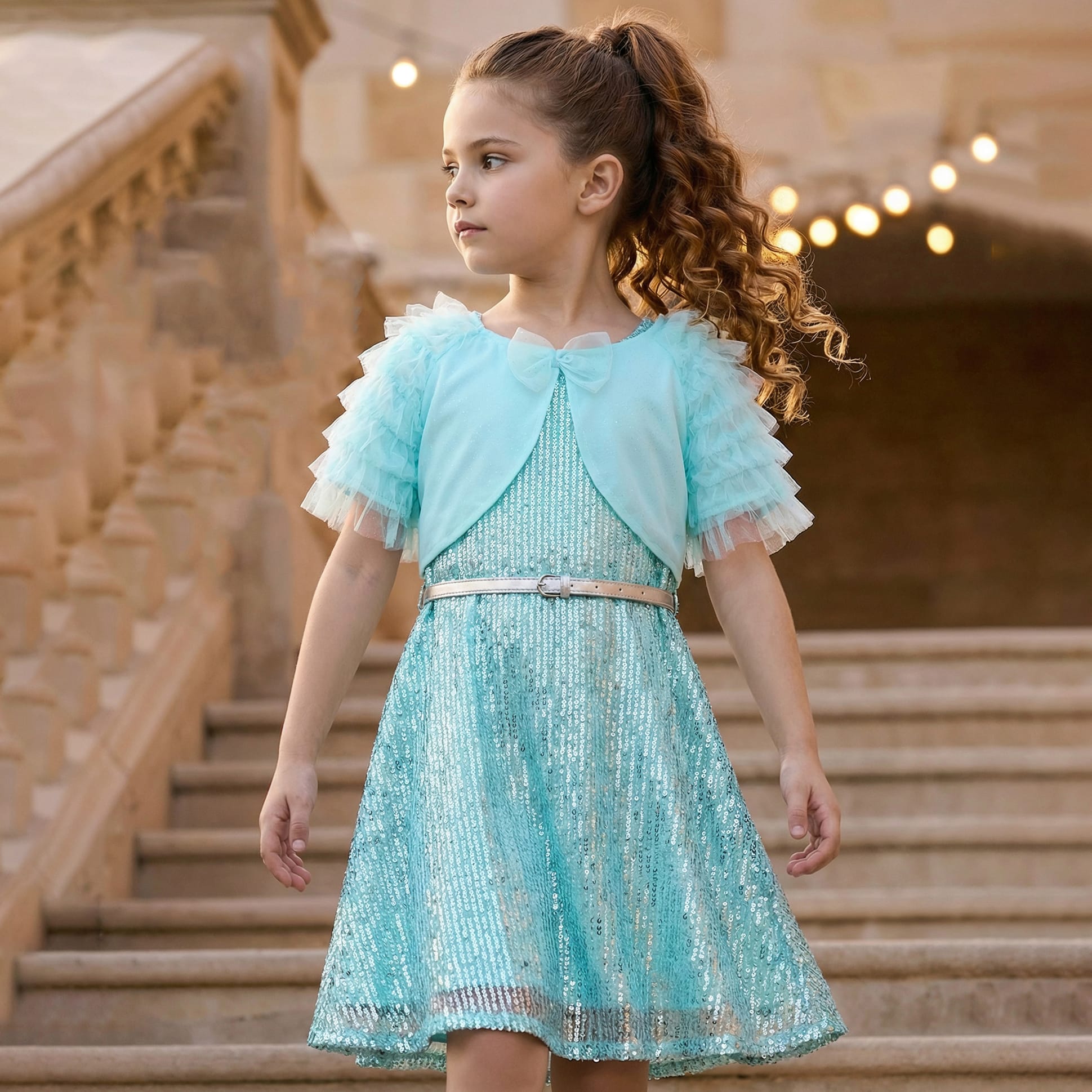 Hola Bonita Knit Half Ruffled Sleeves Party Dress with Shrug & Belt All Over Sequin Glitter & Mesh Detailing - Aqua Blue-image-40