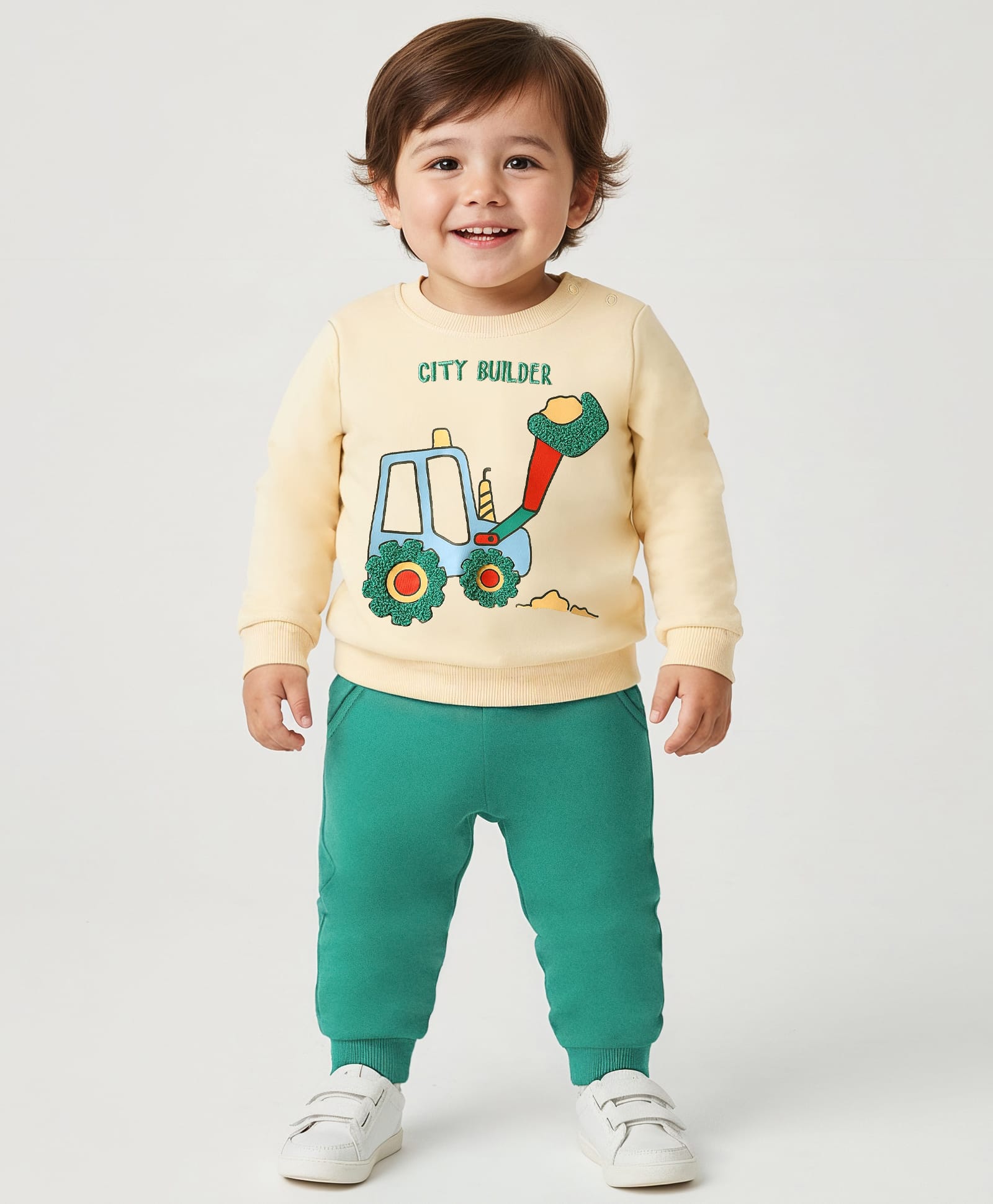 Babyoye 100% Cotton Knit Full Sleeves Winter Wear Sweatshirt & Lounge Pant Set with Bulldozer Print - Mint & Beige-picture-10