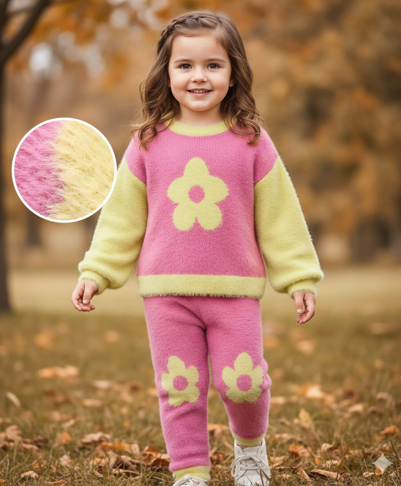 Babyhug Knit Full Sleeves Winter Wear T-Shirt & Lounge Pant Set With Floral Print - Pink & Yellow-image-2
