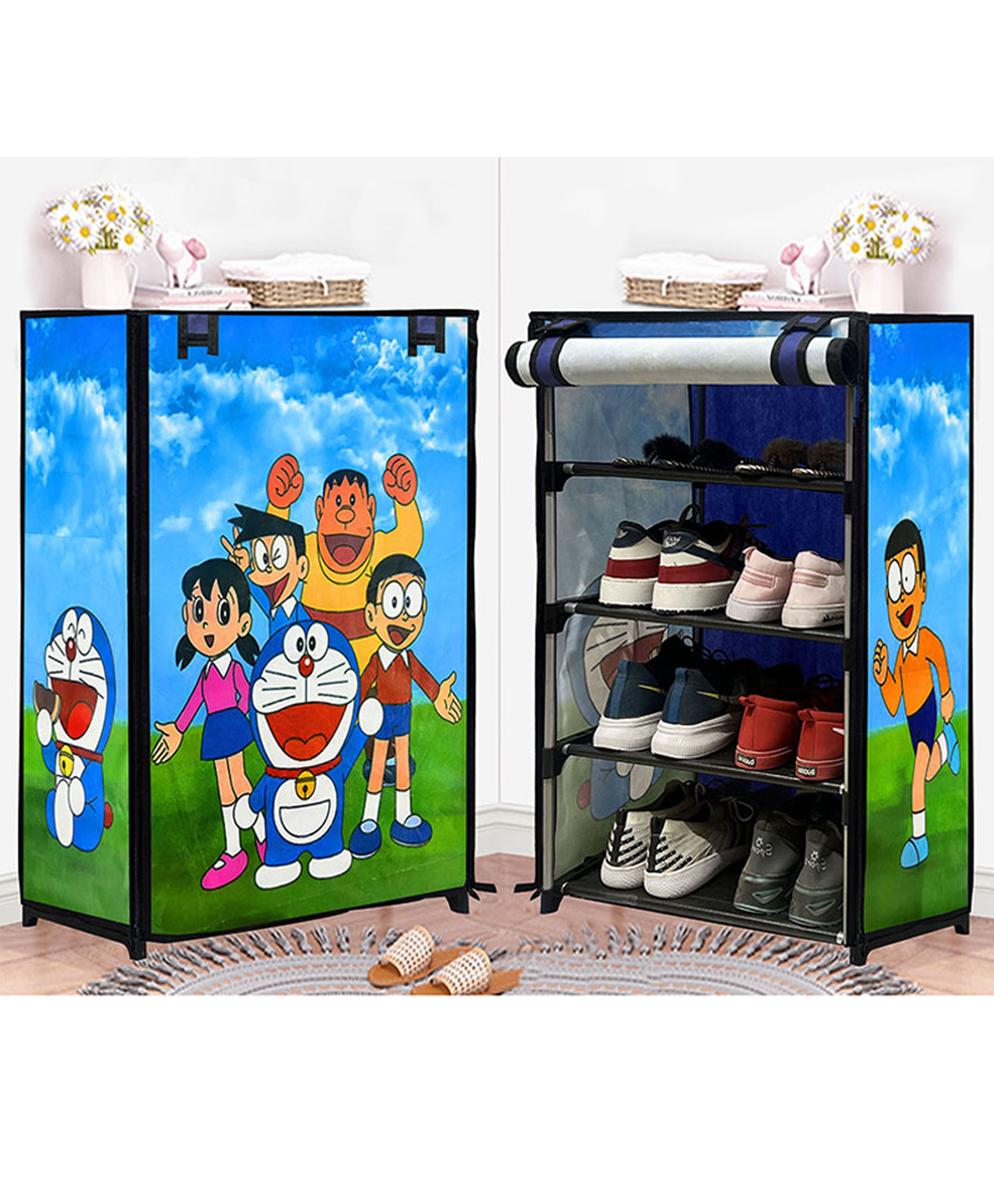 Urban Choice 4-Sheleves Durable Metal Frame Modular Shoe Rack with 100 GSM Fabric in Blue Unique Doraemon Cartoon Print-image-25