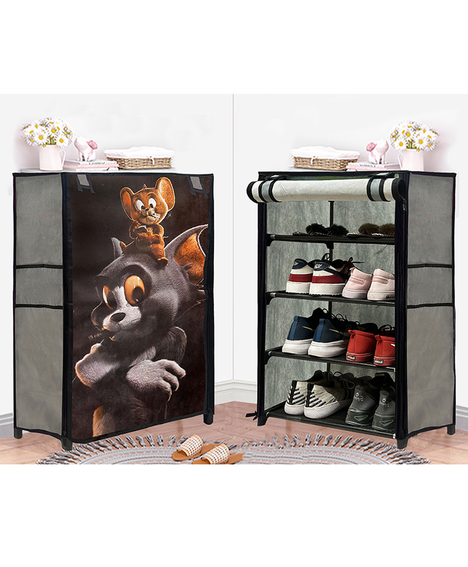 Urban Choice 4-Sheleves Durable Metal Frame Modular Shoe Rack with 100 GSM Fabric in Grey Unique Tom & Jerry Cartoon Print-image-36