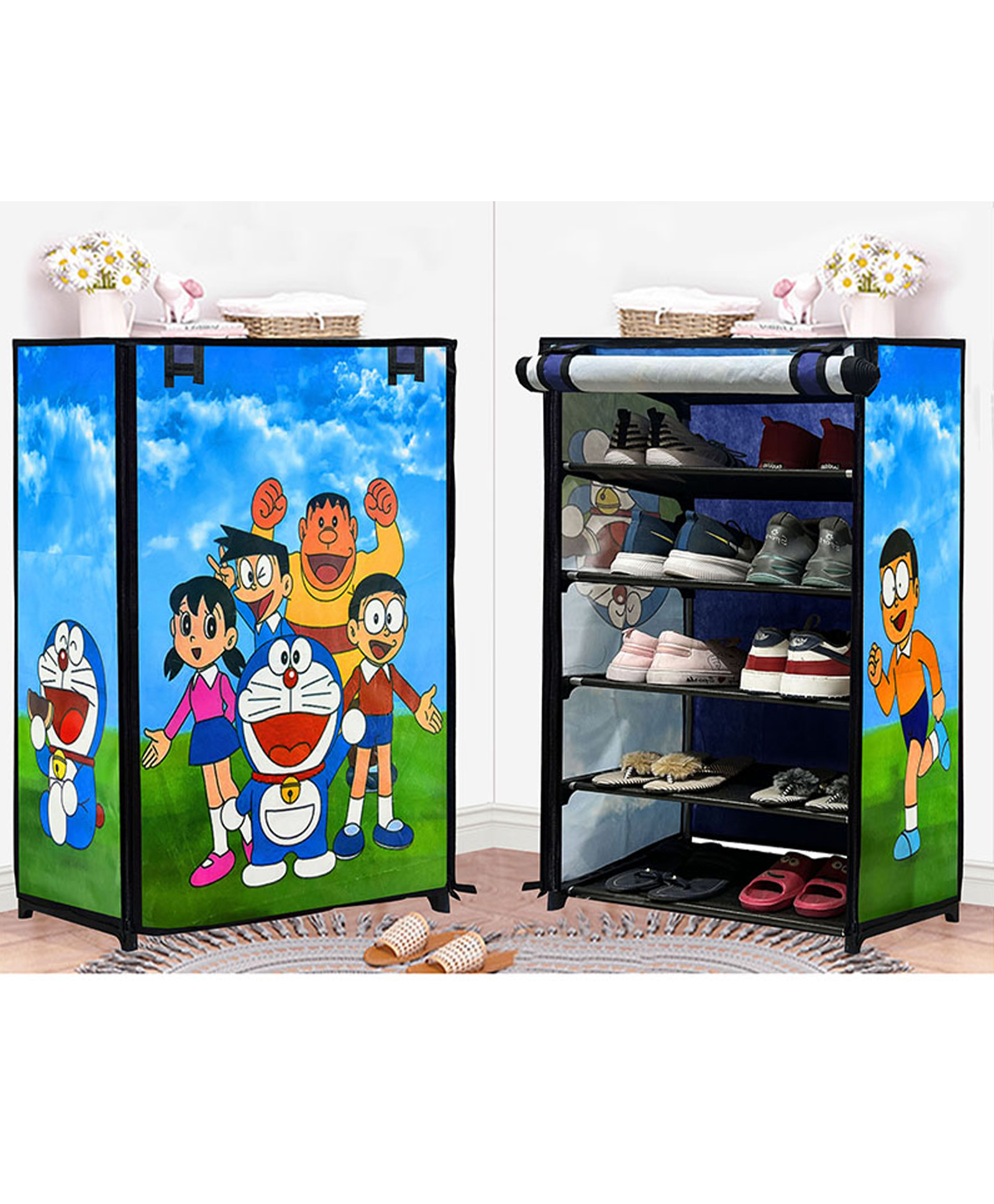 Urban Choice 5-Sheleves Durable Metal Frame Modular Shoe Rack with 100 GSM Fabric in Blue Unique Doraemon Cartoon Print-image-37