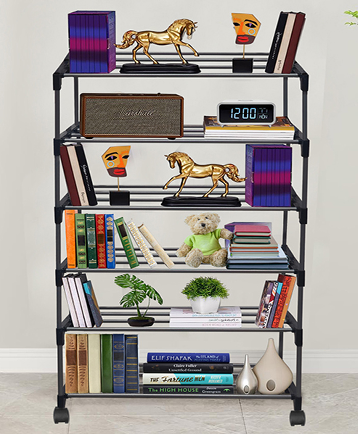 Urban Choice 6-Tier Open Metal Frame Shoe Rack With Wheels - Black-image-4