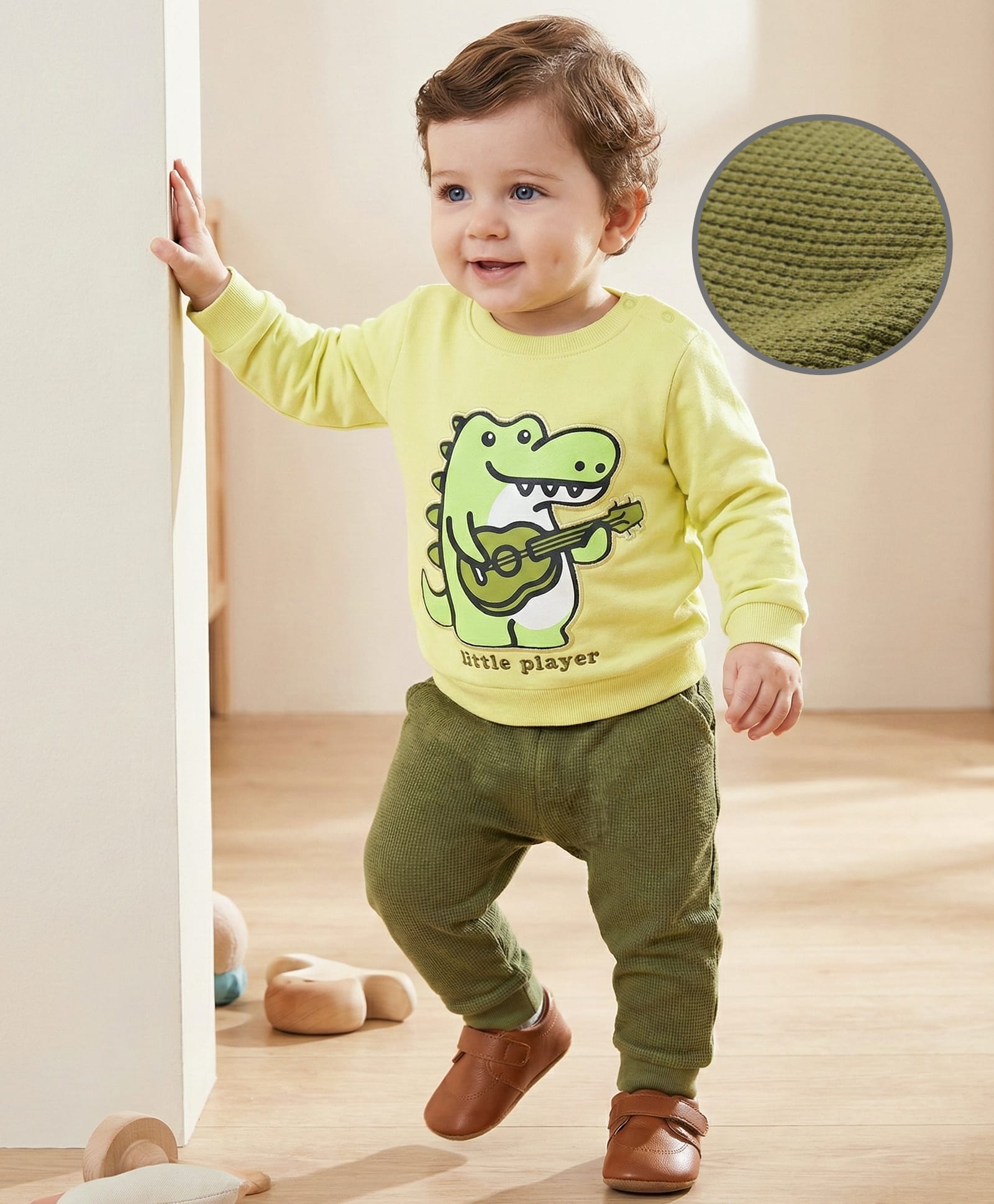Babyoye 100% Cotton Knit Full Sleeves Winter Wear Suit Set With Crocodile Print - Light Green & Olive-image-25