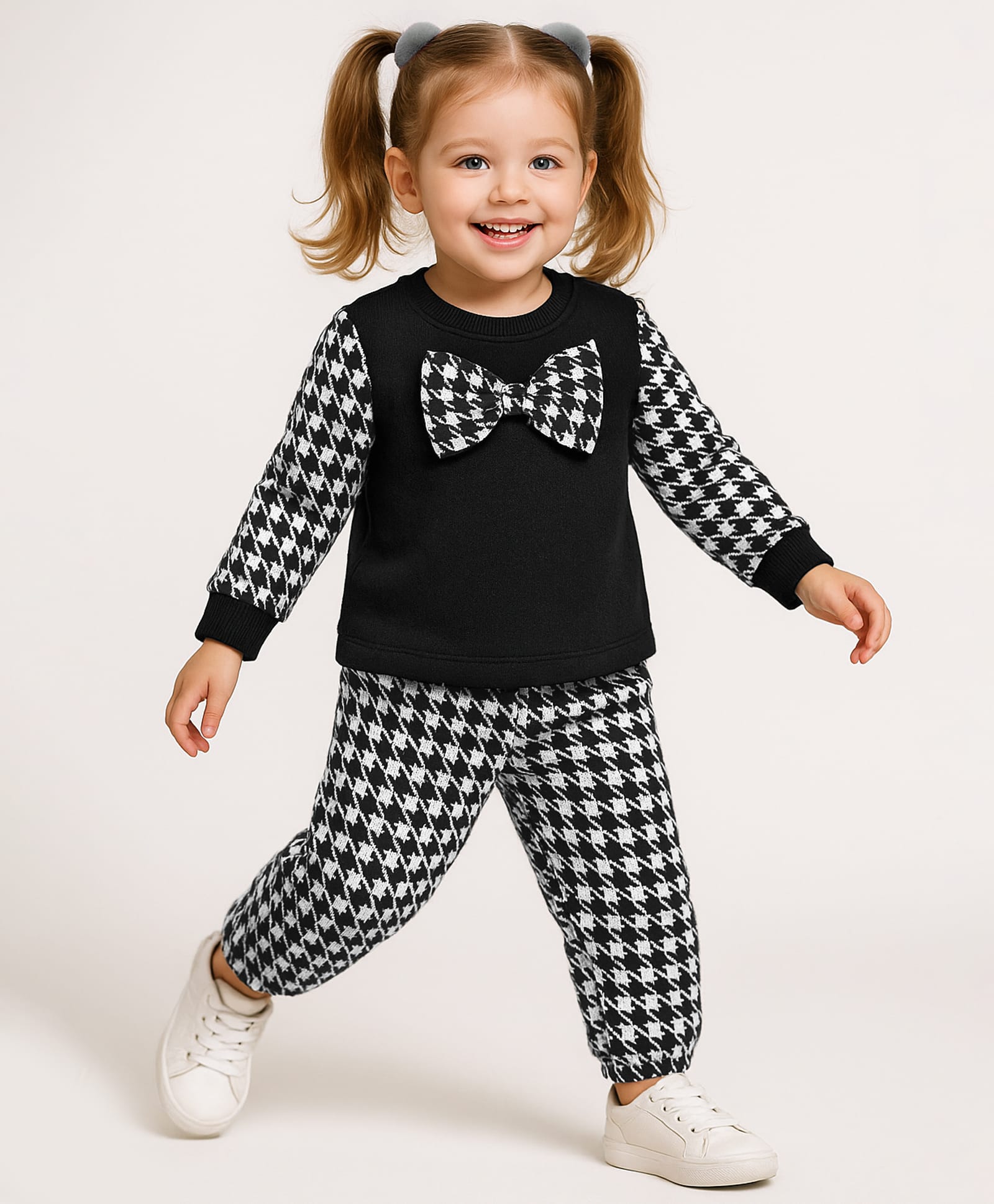 Mark & Mia Terry Knit Full Sleeves Printed Winter Wear Set With Bow Detailing - Black & Offwhite-image-16