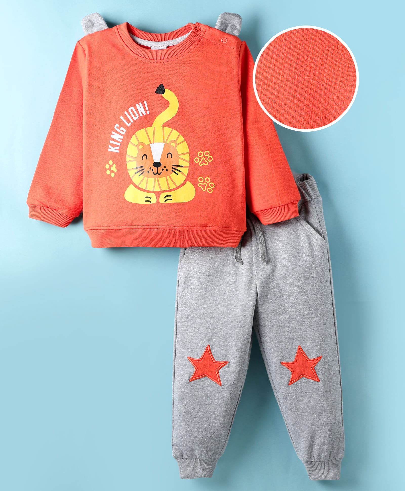 Mark & Mia Terry Knit Full Sleeves Winter Wear Set With Lion Print & Knee Patch Detailing - Orange & Grey-picture-21