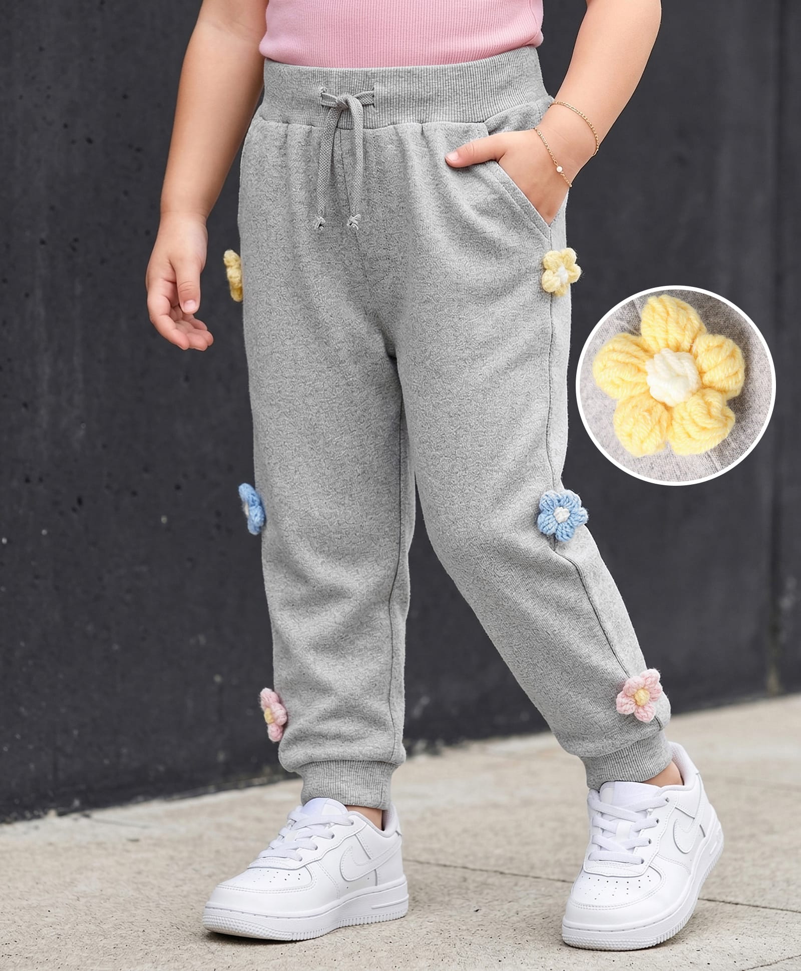 Mark & Mia Knit Full Length Solid Lounge Pant With Floral Applique - Light Grey-picture-21