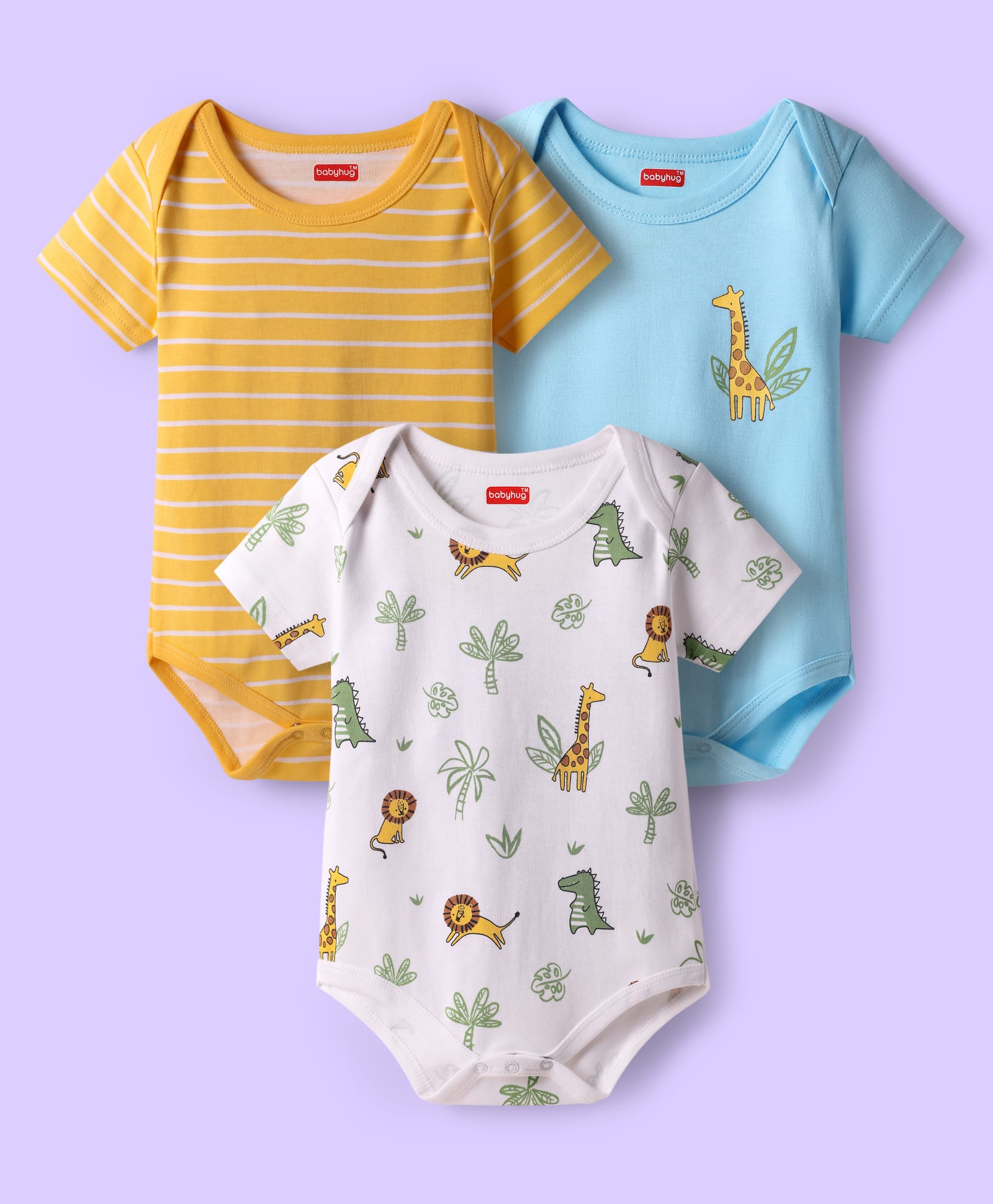 Babyhug 100% Cotton Interlock Knit Half Sleeves Onesies with Animal Print & Stripe Pack of 3 - Light Blue White & Light Orange-picture-24