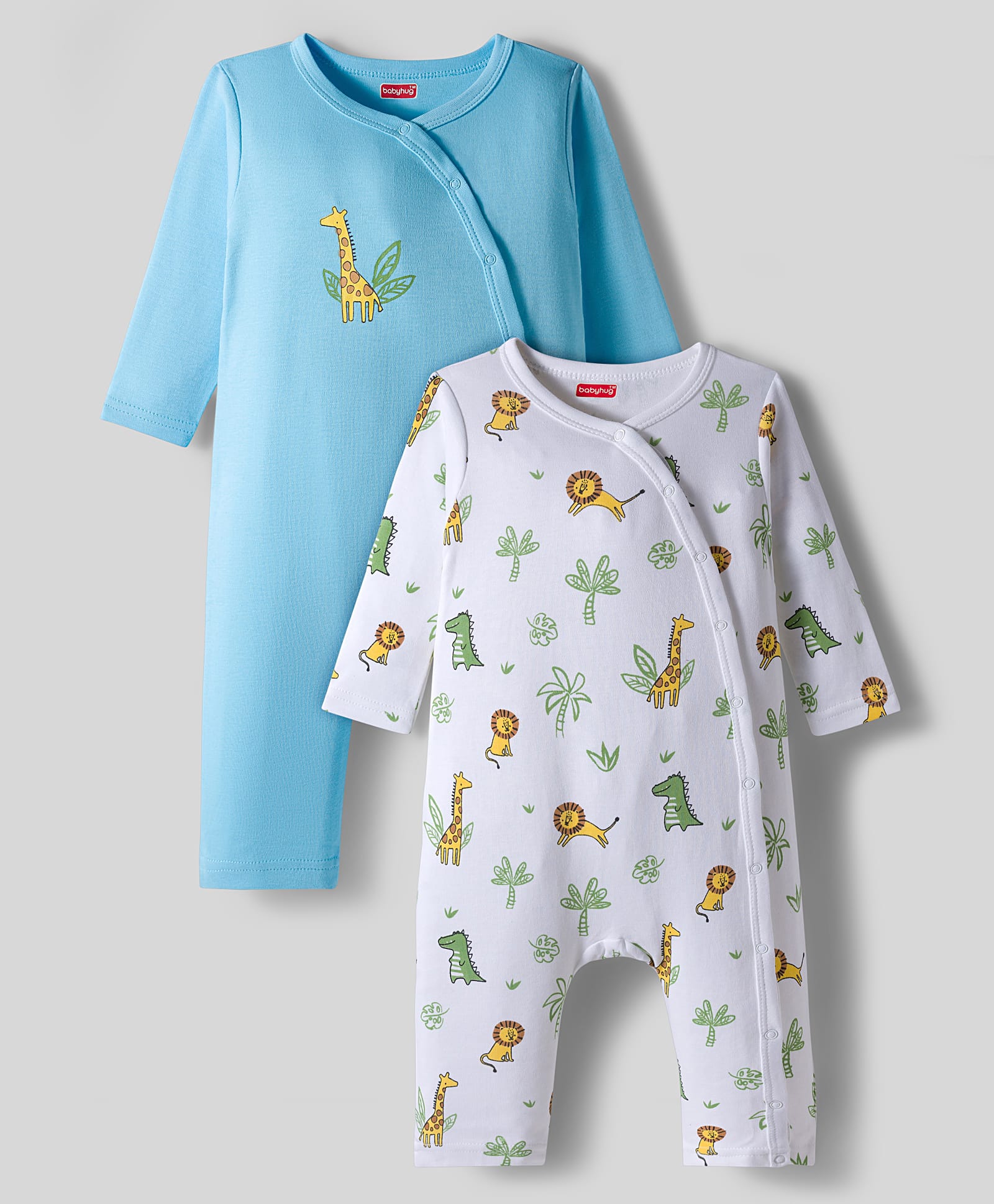 Babyhug 100% Cotton Interlock Knit Full Sleeves Front Open Romper with Animal Print Pack of 2 - Light Blue & White-image-13