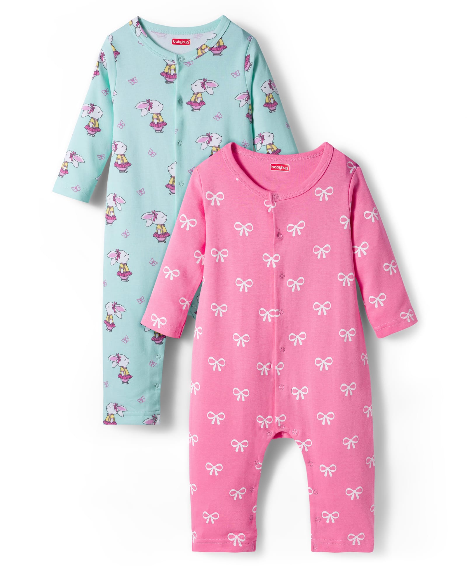 Babyhug 100% Cotton Knit Full Sleeves Rompers With With Bow & Bunny Print Pack of 2 - Pink & Light Blue-image-14