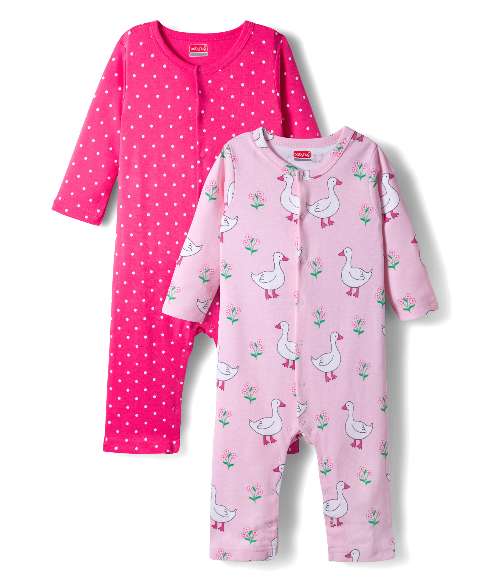 Babyhug 100% Cotton Knit Full Sleeves Front Open Rompers with Duck & Polka Dot Print Pack of 2 - Dark Pink & Pink-image-9